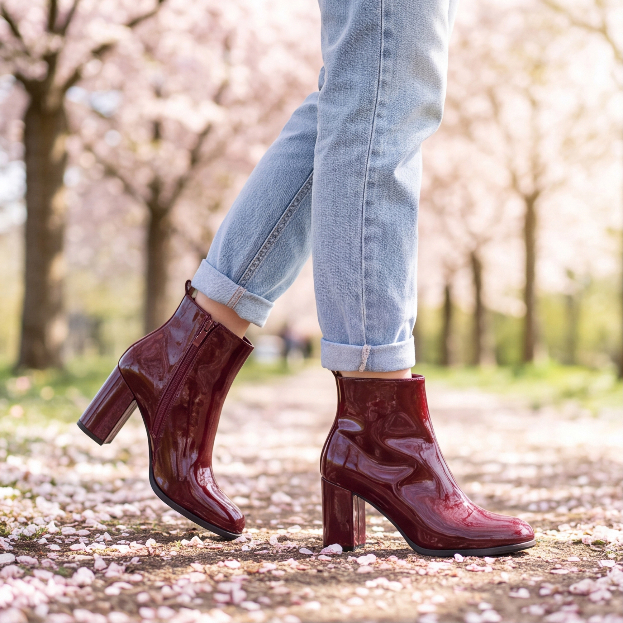 BLISSFUL STEP Women Patent Leather Round Toe Zipper Chunky Heels Ankle Boots
