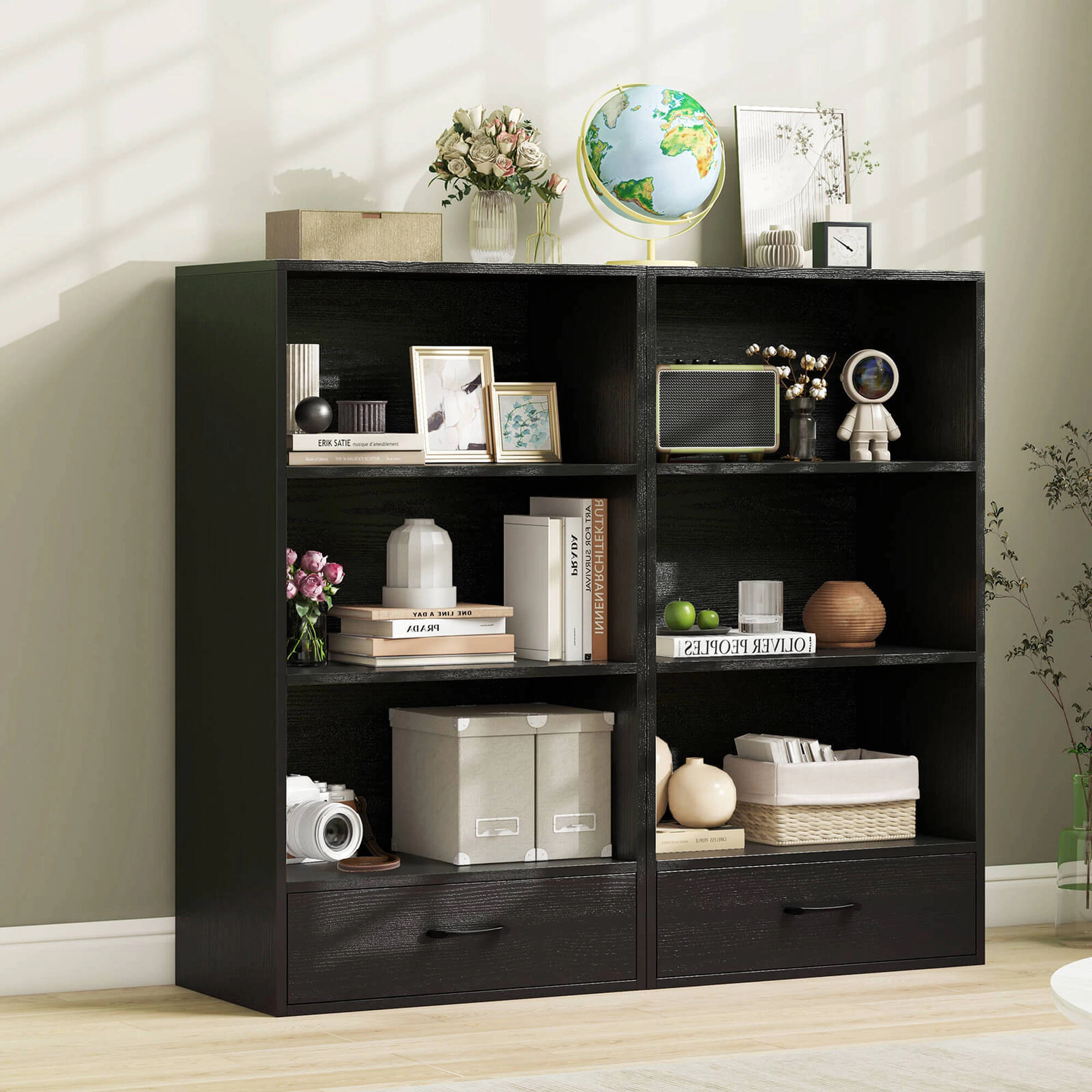Costway 42'' Tall 4-tier Storage Shelf Wood Bookcase with Drawer Home Organizer Display Rack Black
