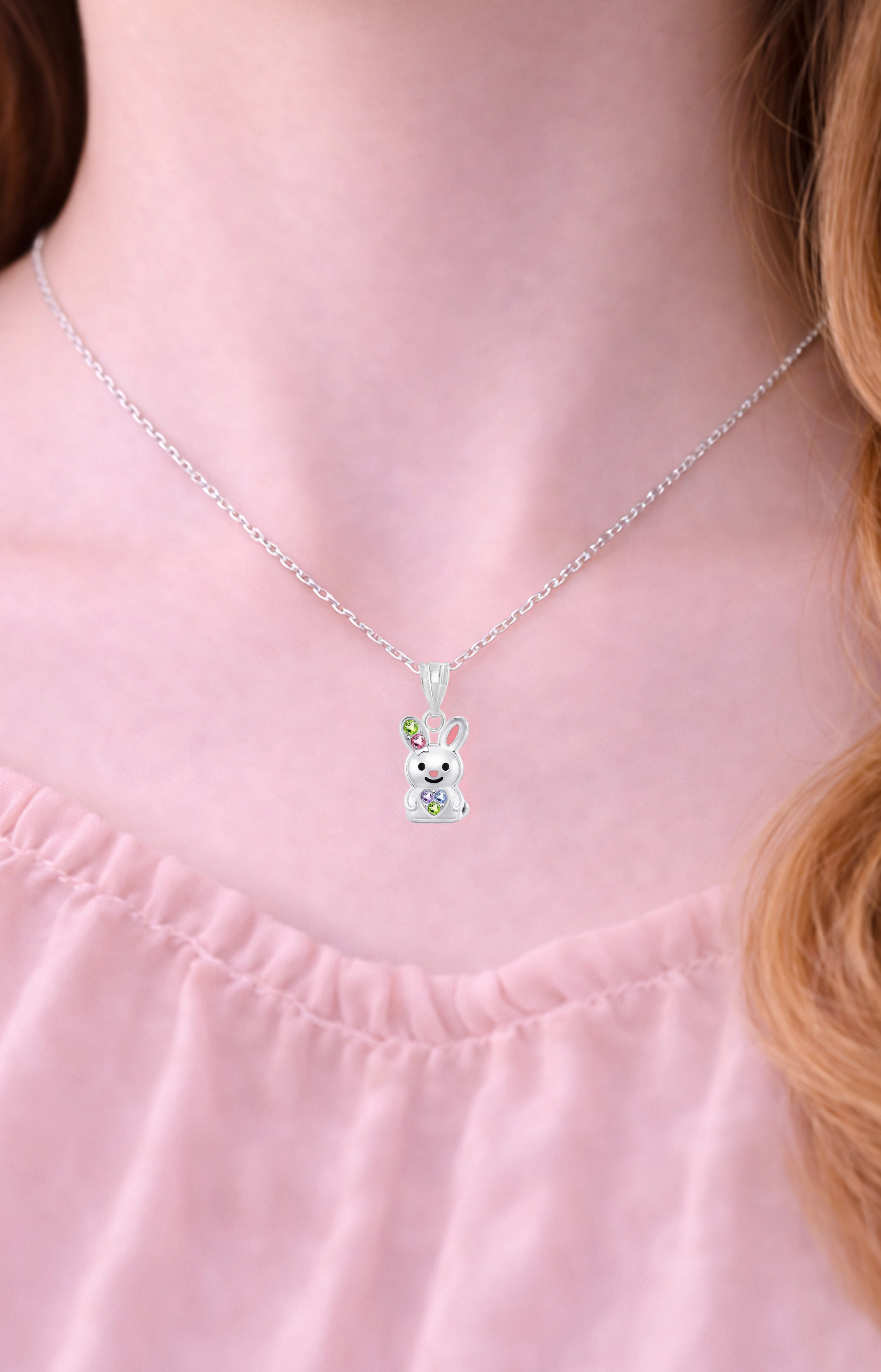 CHANTEUR Girls Bunny Pendant Necklace - White Gold Tone, Adjustable 15" Chain with 4" Extender