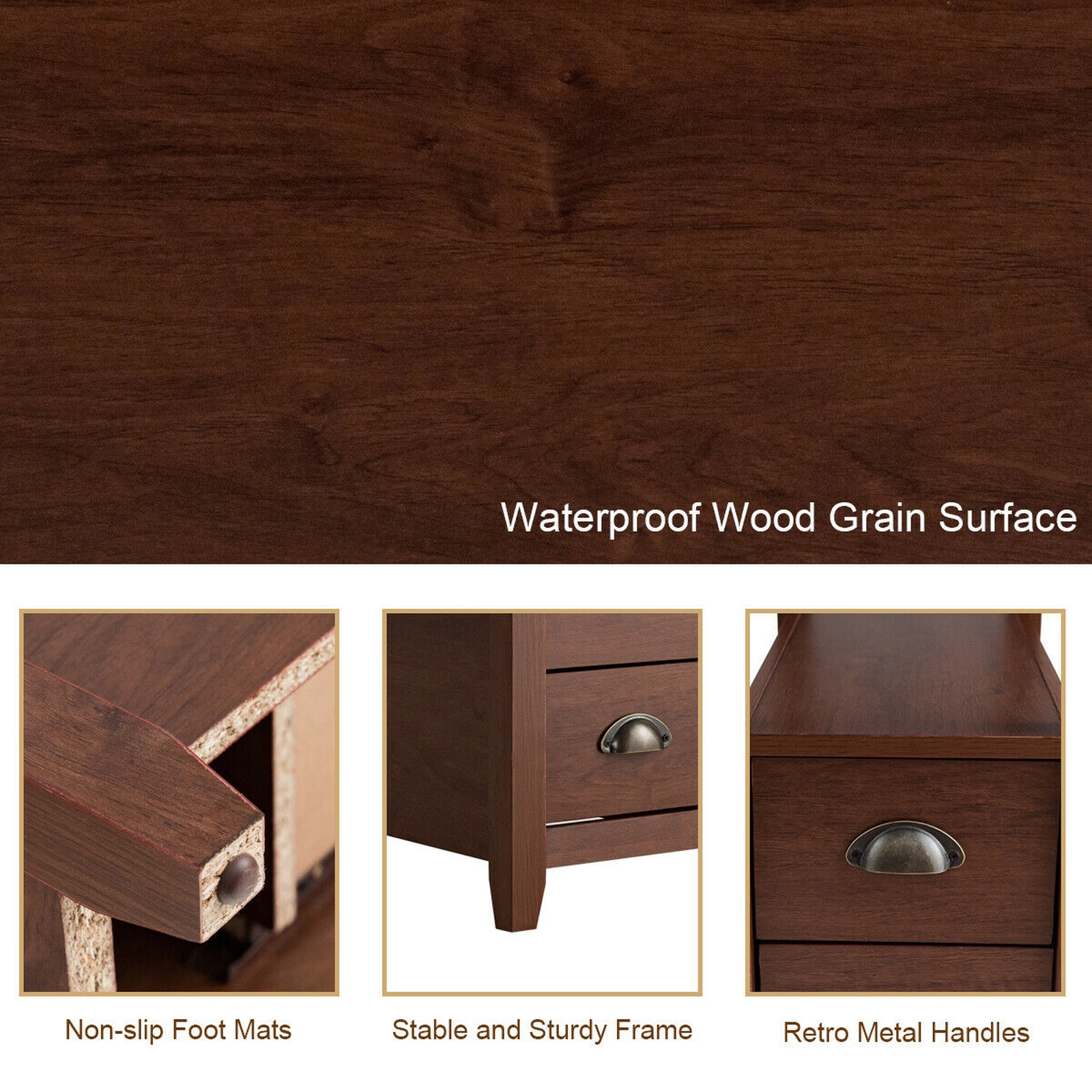 SUGIFT Set of 2 Brown Narrow End Tables with Drawer and Open Shelf