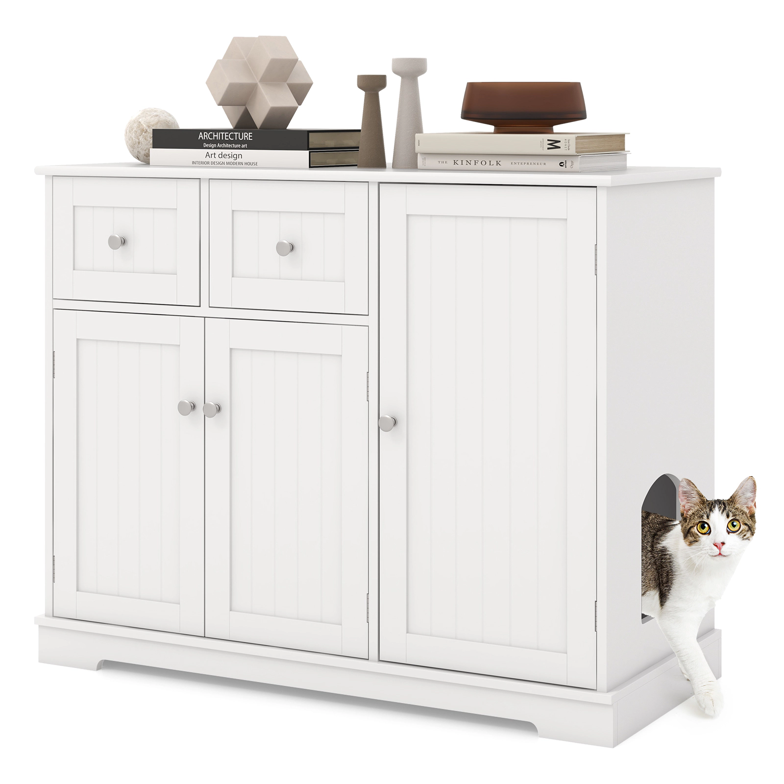 SUGIFT White Cat Litter Box Enclosure with 2 Drawers 40-in W 18-in D 31.5-in H 44-lb Countertop Capacity