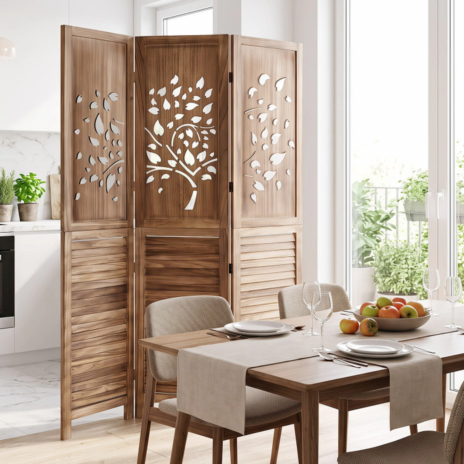 SUGIFT 3-Panel Tree Cutout Louvered Wood Folding Room Divider 47.5-in x 67-in 15.5-in Folded 15.5-lb Rustic Brown