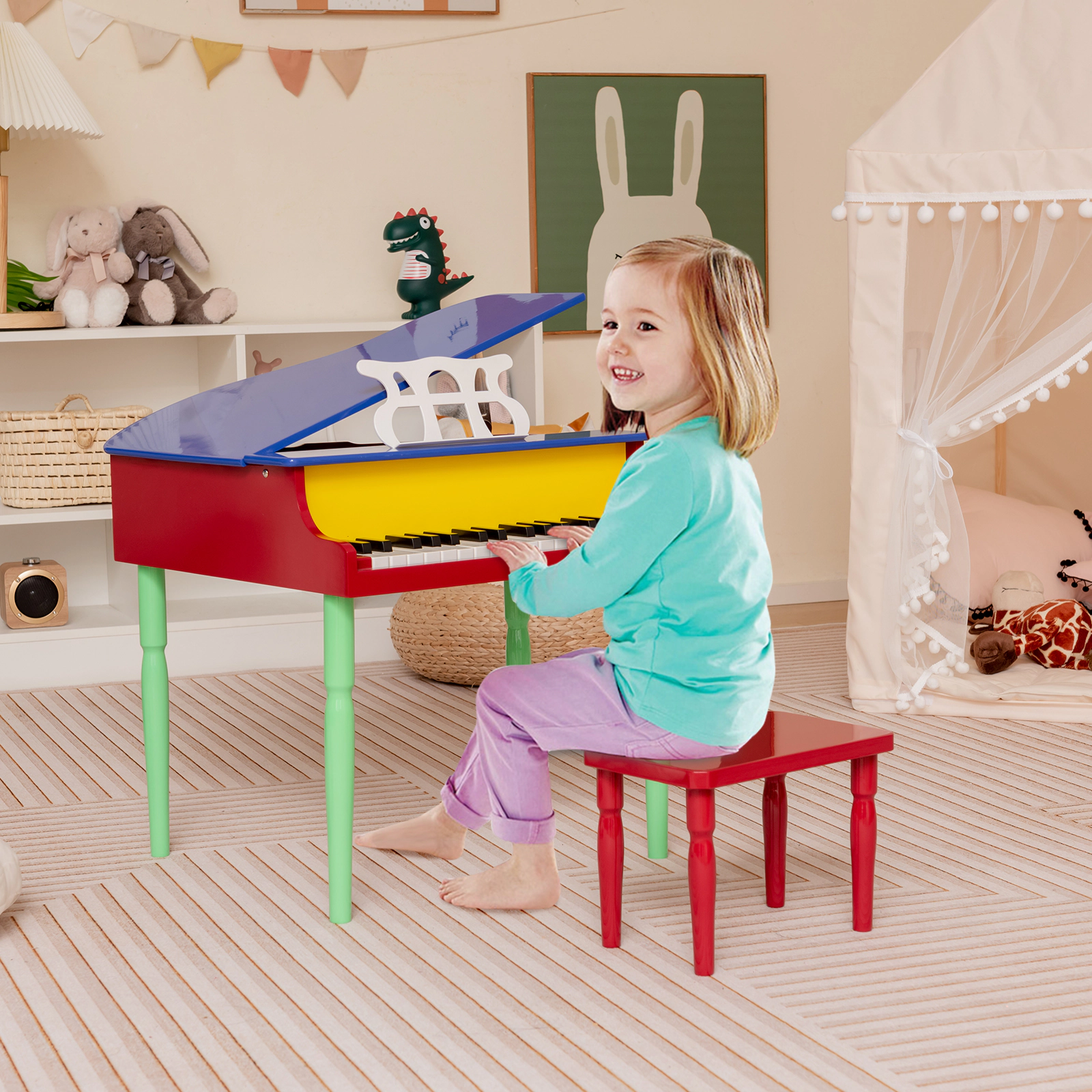 SUGIFT 30-Key Wood Toy Kids Grand Piano with Bench and Music Rack Ages 3-8 Years Multicolor