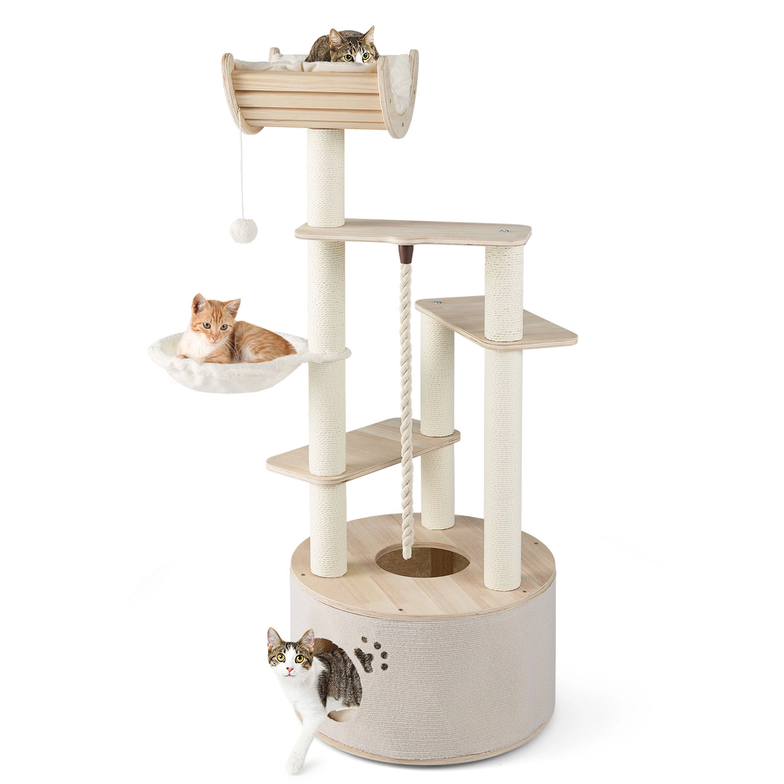 SUGIFT 55.5-in Natural Wooden Cat Tree with Top-Hole Condo Curved Perch Basket and 3 Washable Platforms