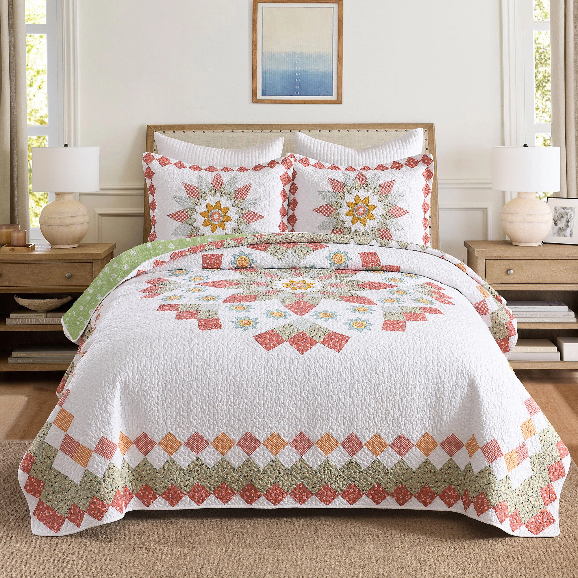 MarCielo 3 Piece 100% Cotton Floral Quilt Set – Vintage Country Bedspread Set