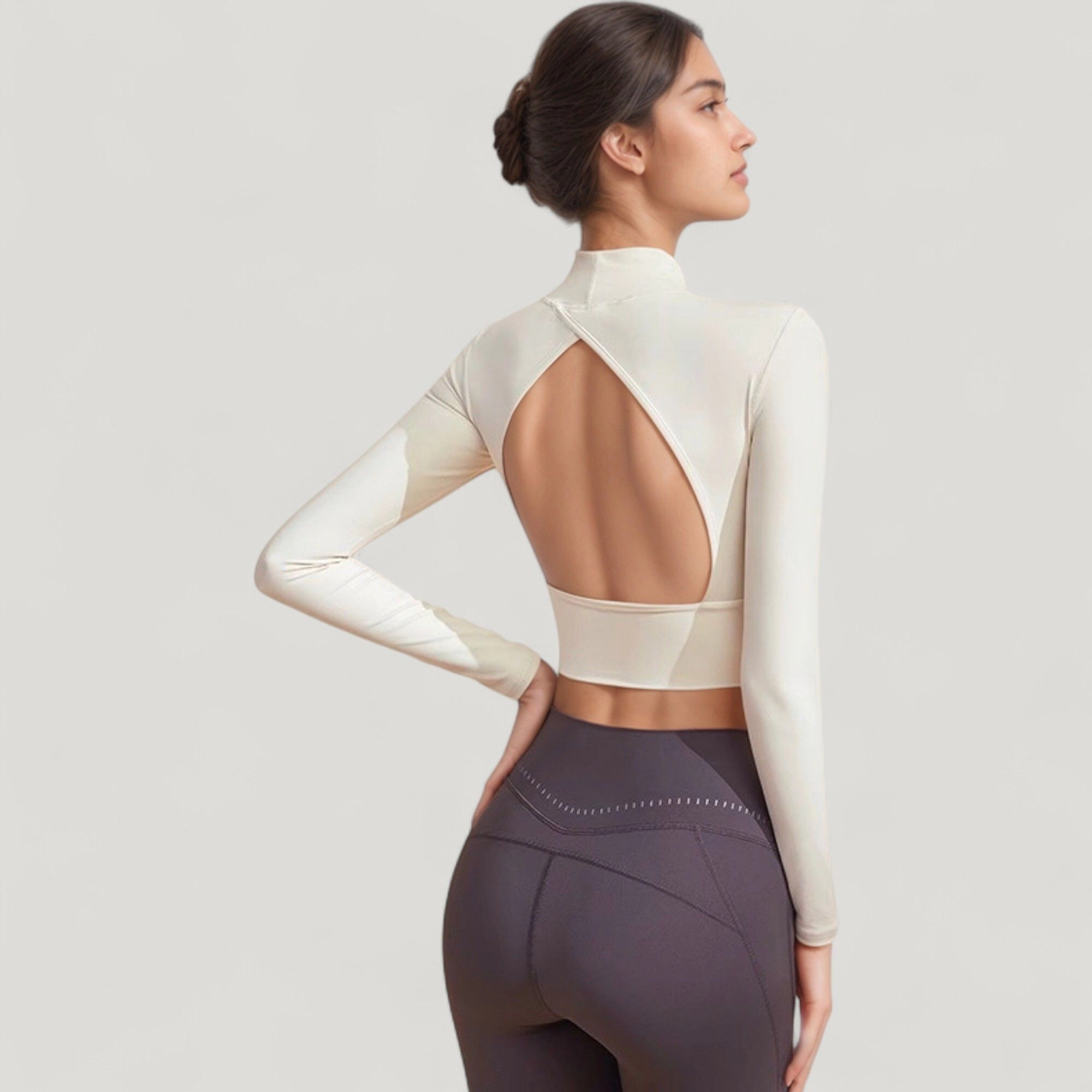 Anna-Kaci Women's Long Sleeve Crop Top with High Neck and Open Back Design
