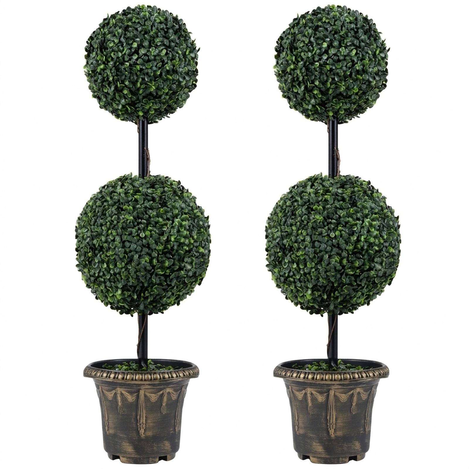 SUGIFT Set of 2 35-in Artificial Boxwood Double Ball Topiary Trees with Metal Trunks and Black Golden Pots
