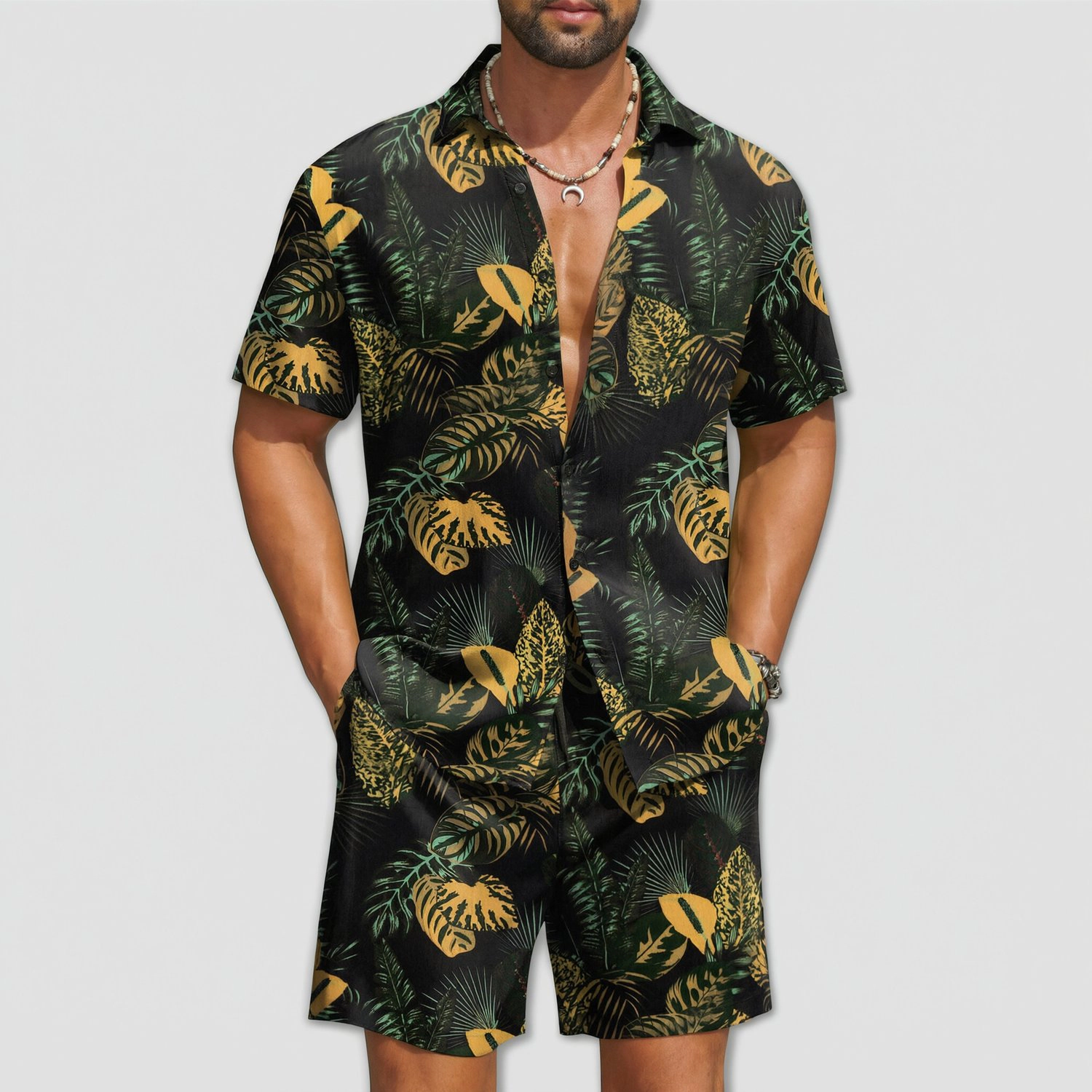 COOFANDY Mens Tropical Leaf Print Short Sleeve Shirt Shorts Set  Beach Outfit