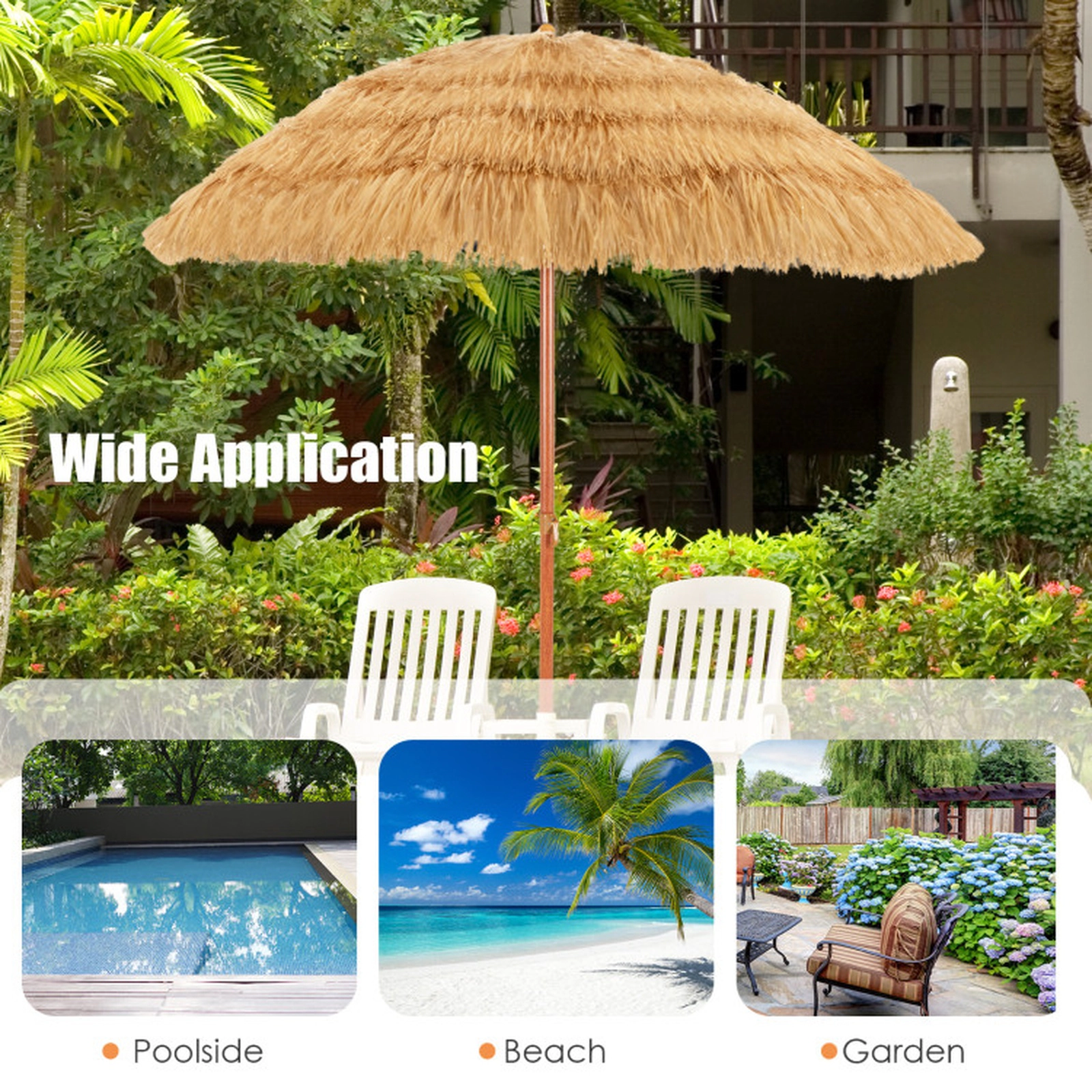 SUGIFT 6.5-ft Khaki Thatched Tiki Beach Umbrella with PP Canopy 8 Ribs Adjustable Tilt and Sand Pole