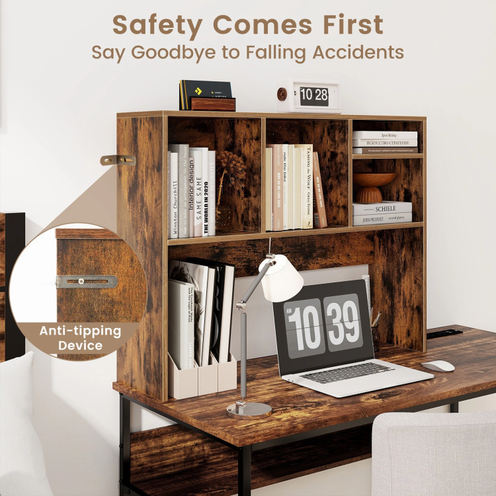 SUGIFT Desktop Bookcase with 4 Cubbies and Open Back Compartment 145-lb Capacity 37-in Frame 29-in Tall Coffee
