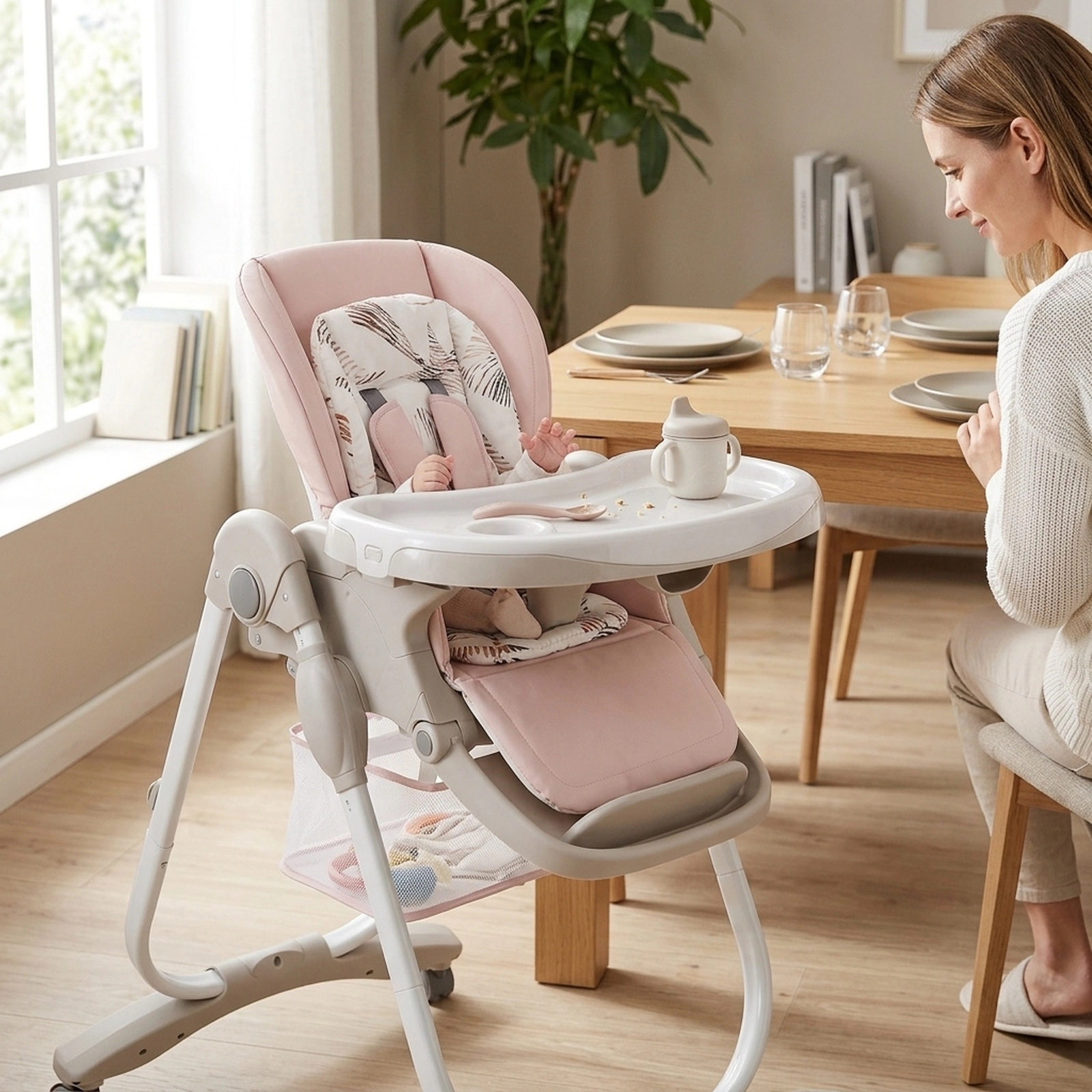 Folding Baby High Chair BPA-Free Heat-Resistant Dishwasher-Safe Tray Adjustable Backrest Footrest 6 to 36 Months Pink