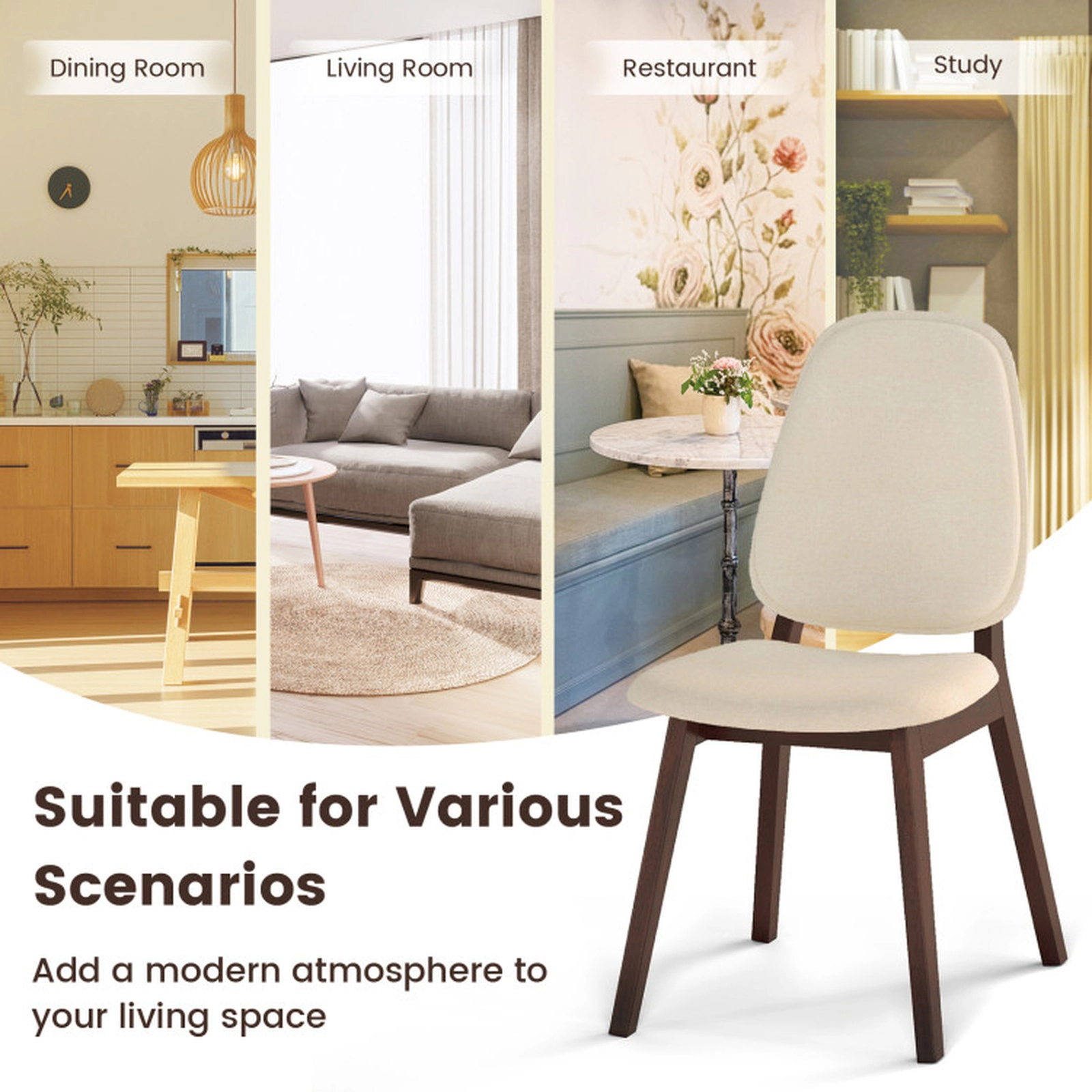 SUGIFT Set of 4 Mid-Century Modern Wooden Upholstered Dining Side Chairs 330-lb Capacity Brown+Beige