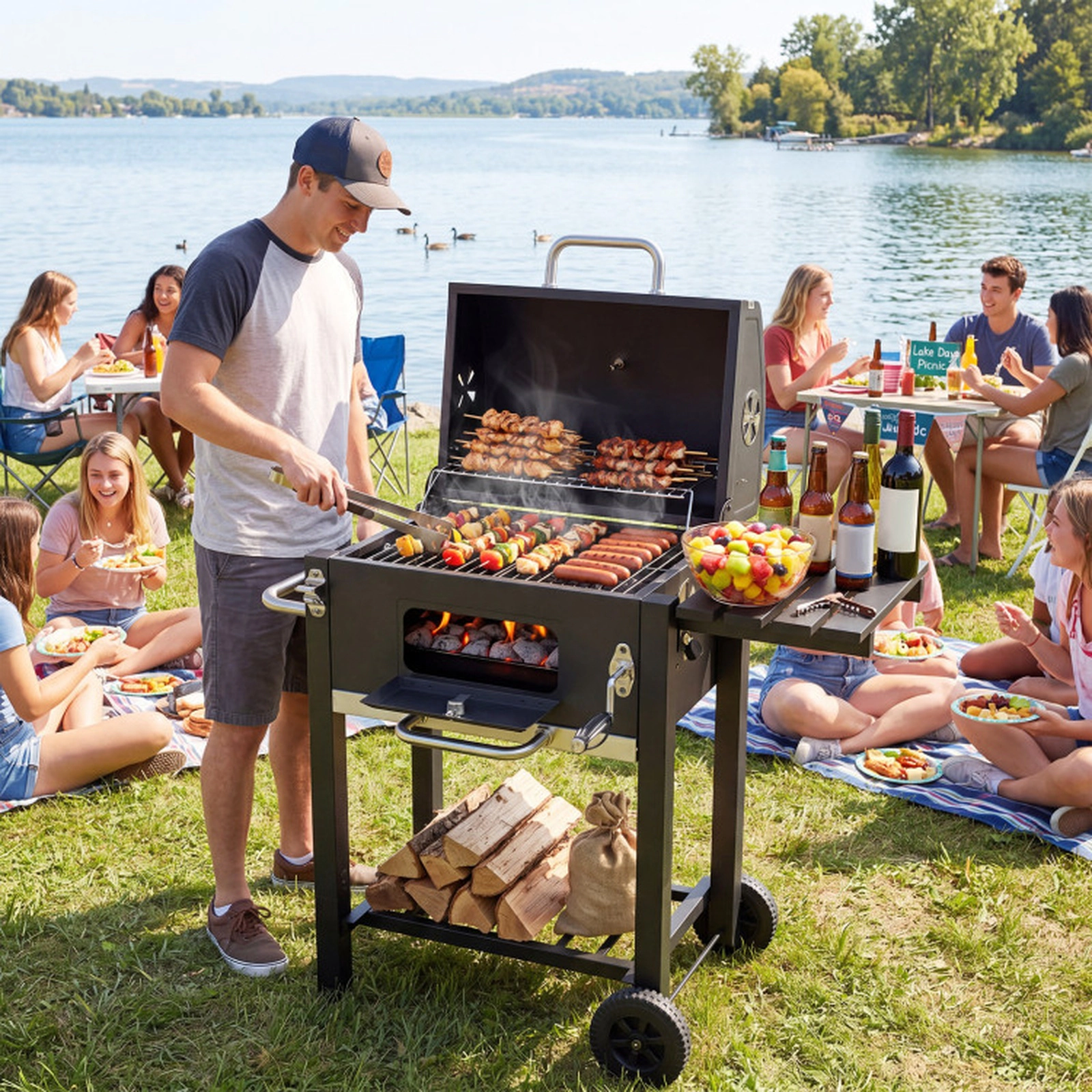 SUGIFT Portable Black Charcoal Barbecue Grill with Adjustable Charcoal Tray Thermometer and Wheels