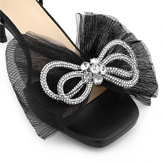 BLISSFUL STEP Women's Sparkly Bow Rhinestone Open Toe Kitten Heels Sandals