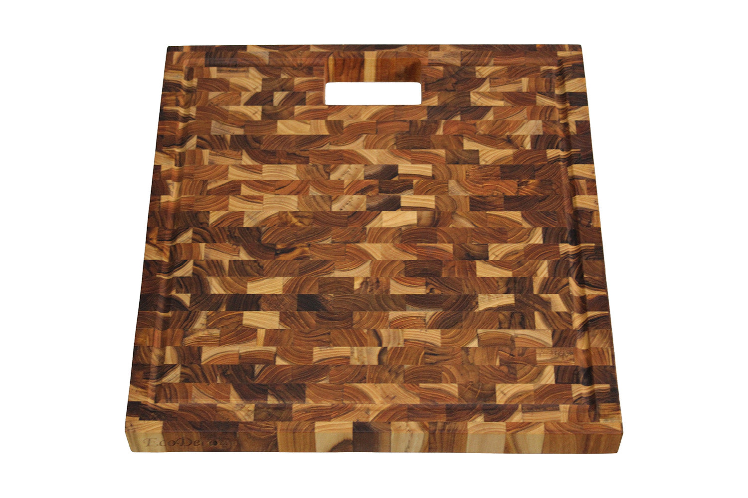 EcoDecors Teak End Grain Cutting Board 17" x 18" - Juice Groove, Waste Chute, Built-in Handles