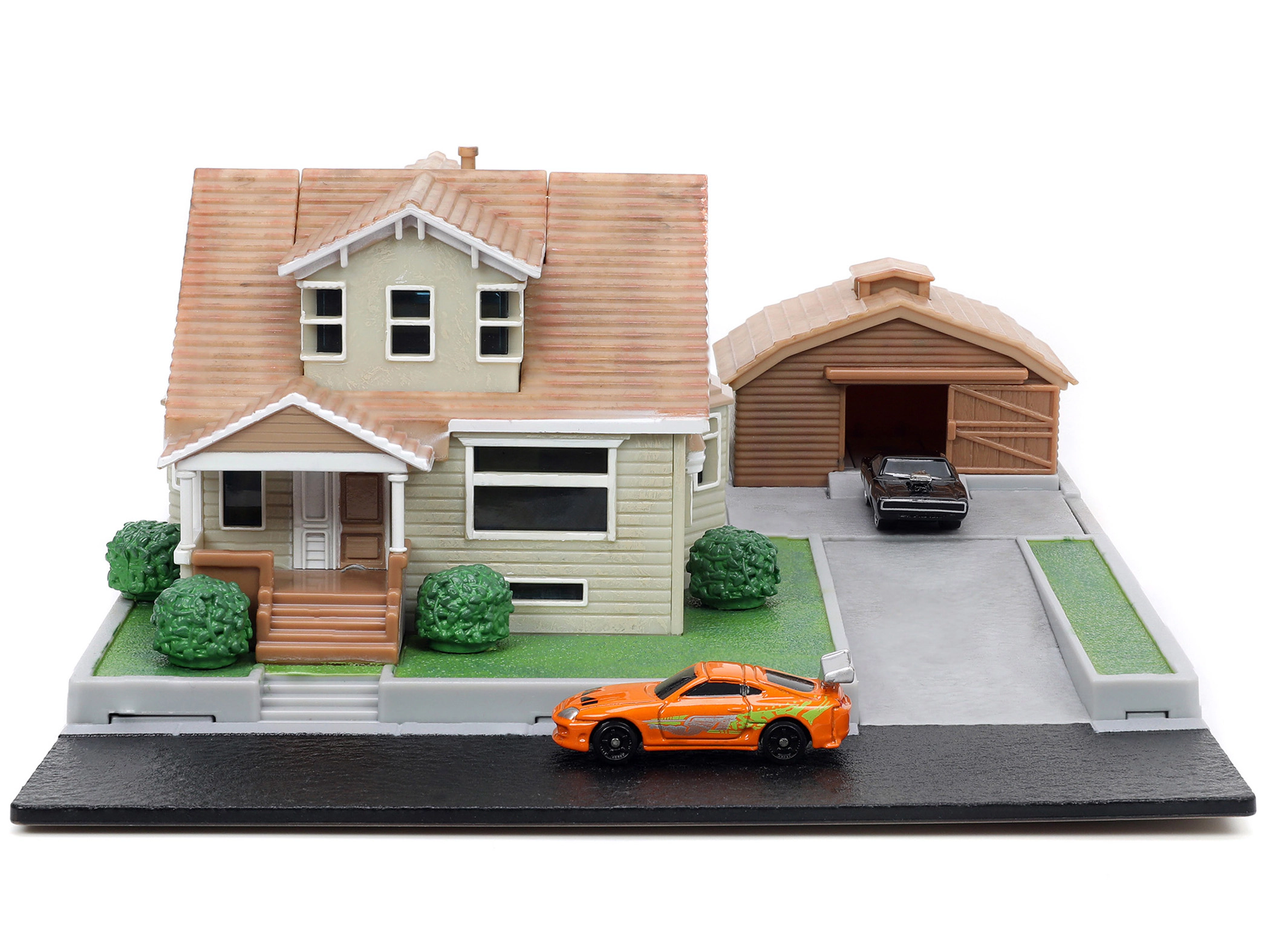 Jada Toretto House Diorama with Dodge Charger Black and Toyota Supra Orange with Graphics "Fast and Furious"