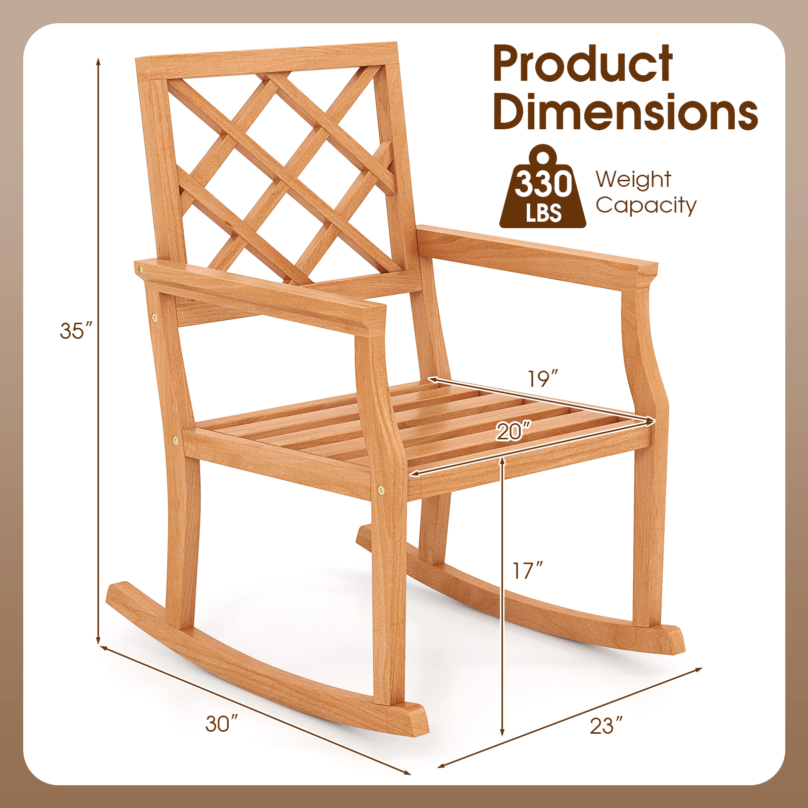 SUGIFT Teak Wood Rocking Chair Brown Oversized Porch Rocker with Slatted Seat