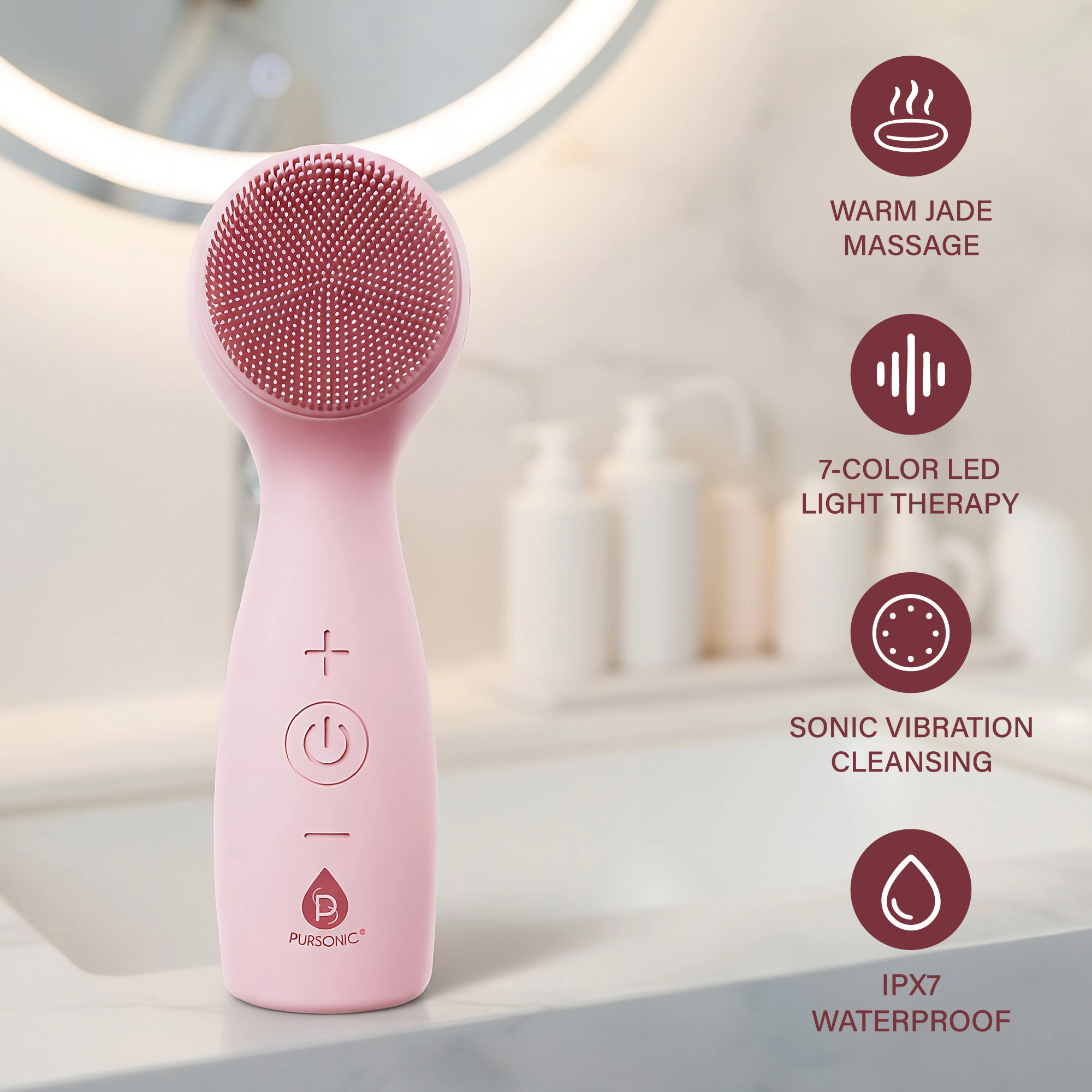 Pursonic Women’s 3-in-1 Sonic Facial Cleanser with Heated Jade & 7-Color LED Light Therapy Radiance Device