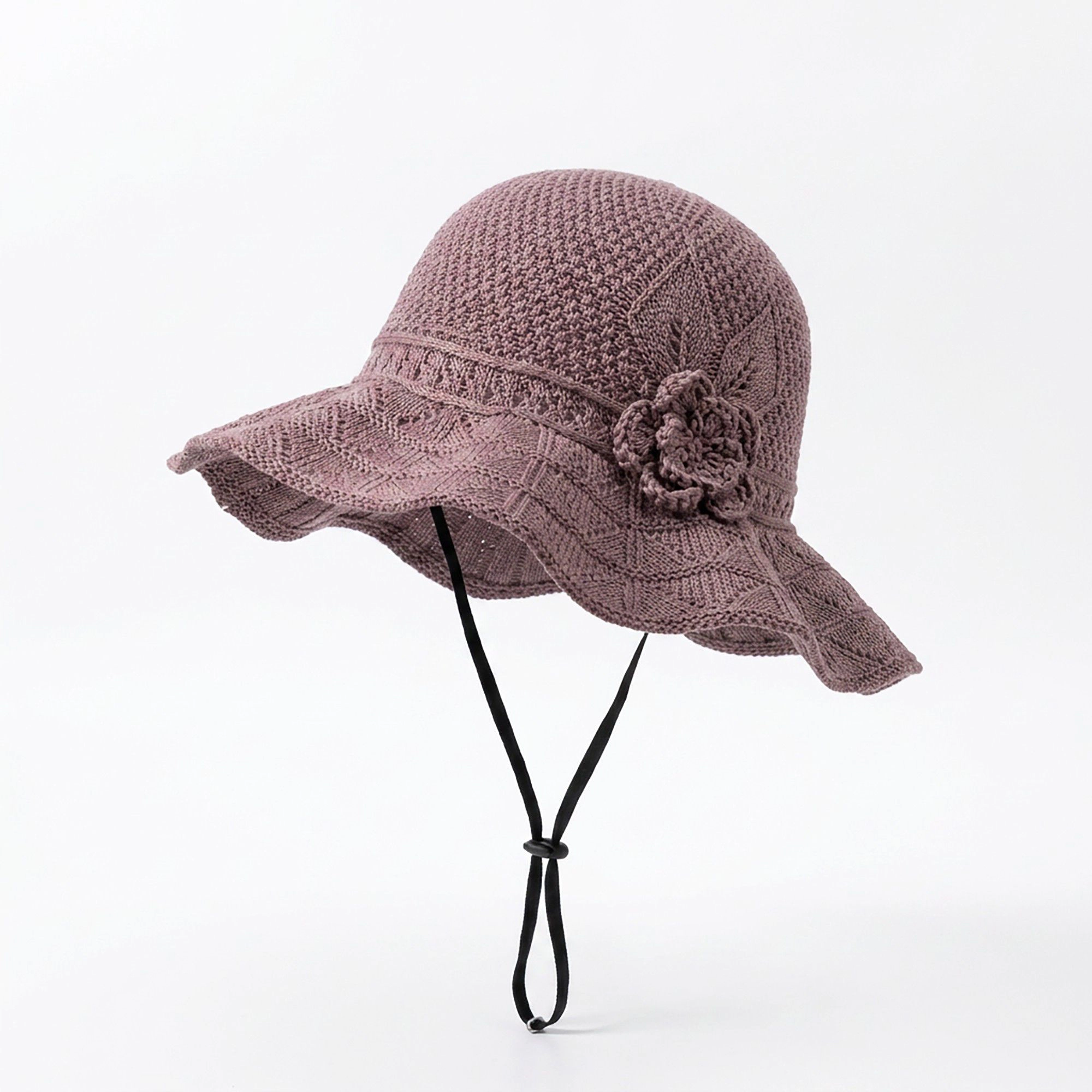 Anna-Kaci Women's Crochet Wide Brim Sun Hat with Floral Accent Scalloped Edge and Chin Strap - MauvePink