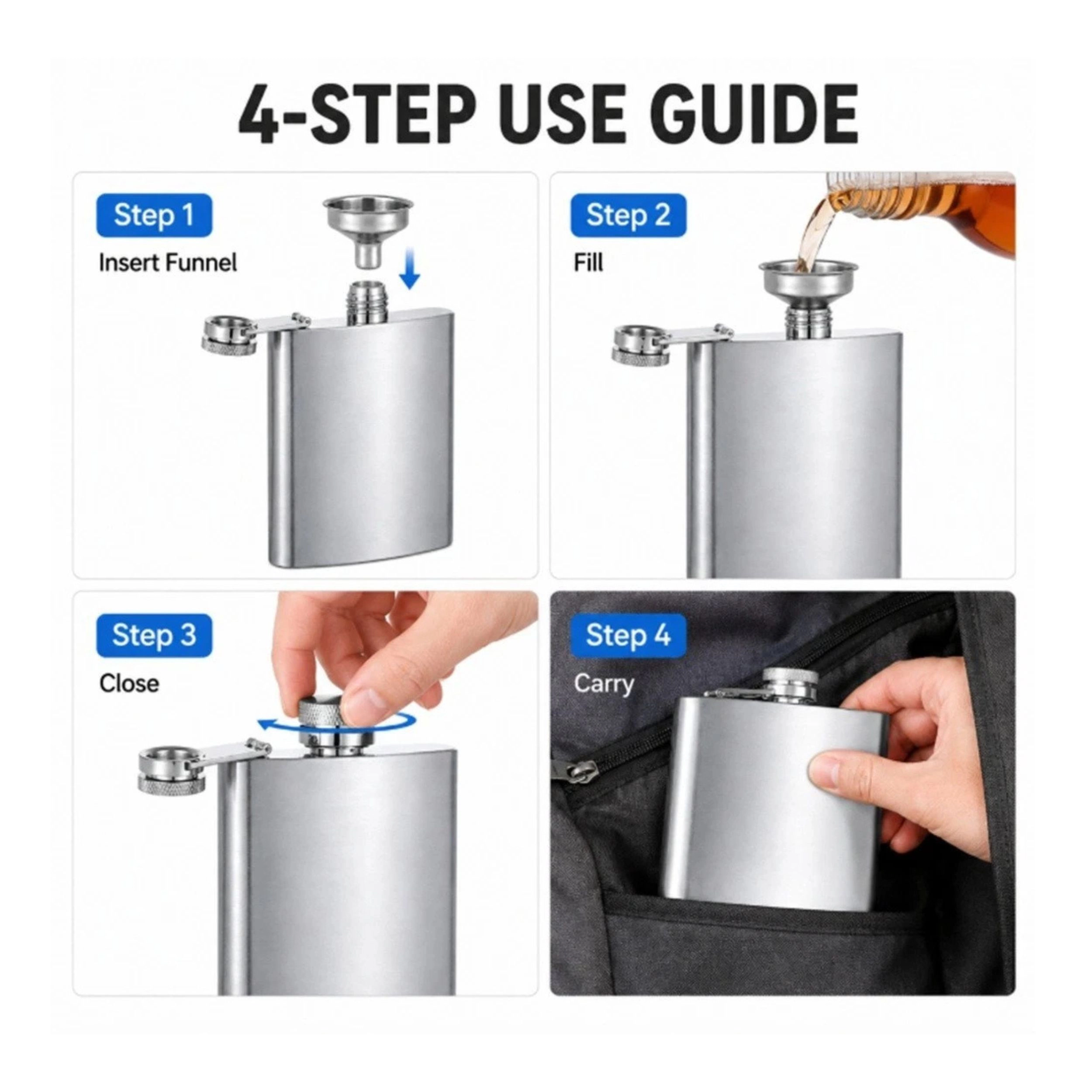 Home Collection Stainless Steel Hip Flask with Screw Cap and Funnel