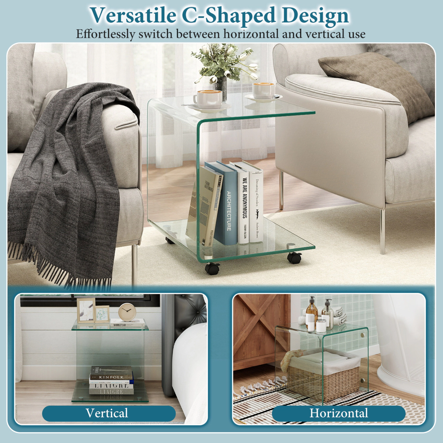 Glintex C-Shaped Tempered Glass Side Table with Detachable Swivel Locking Wheels