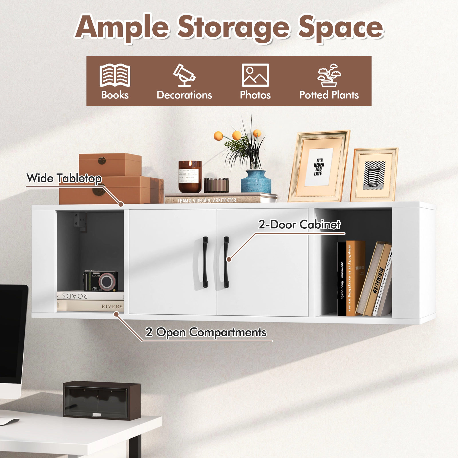 Hivvago Wall Mounted Floating 2 Door Desk Hutch Storage Shelves-White