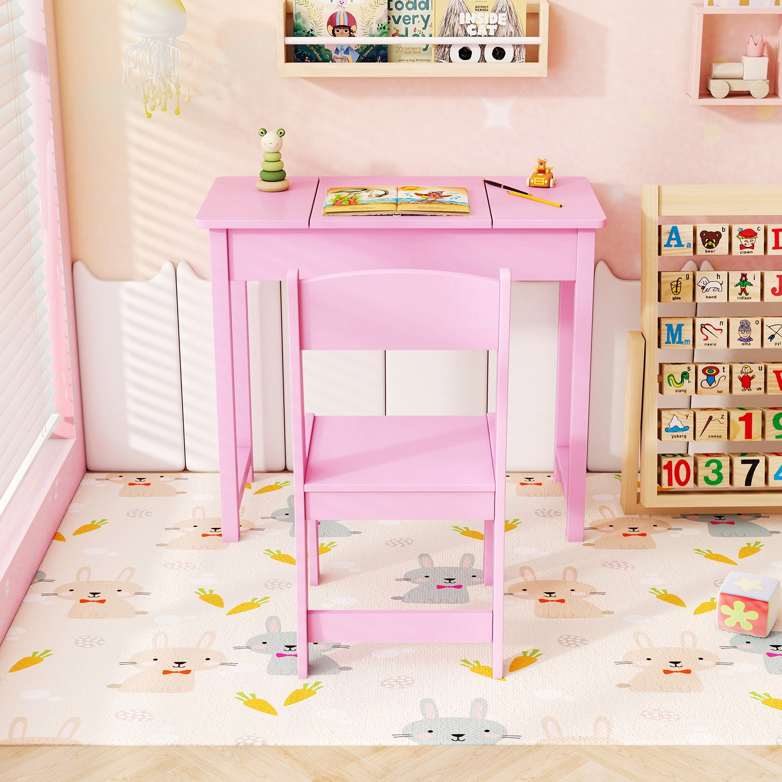 SUGIFT Kids Flip Top Mirror Hidden Storage Vanity Makeup Table and Chair Set 27.5-in x 13.5-in x 24-in 110-lb Pink