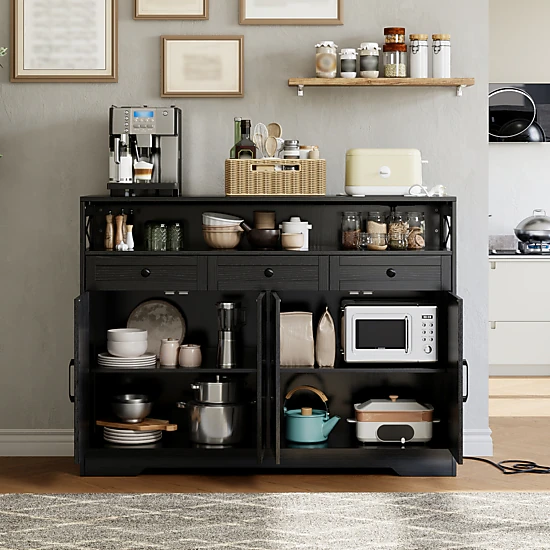 BebreezChic 51" Farmhouse Buffet Cabinet, Charging Station, 3 Drawers, 4 Barn Doors