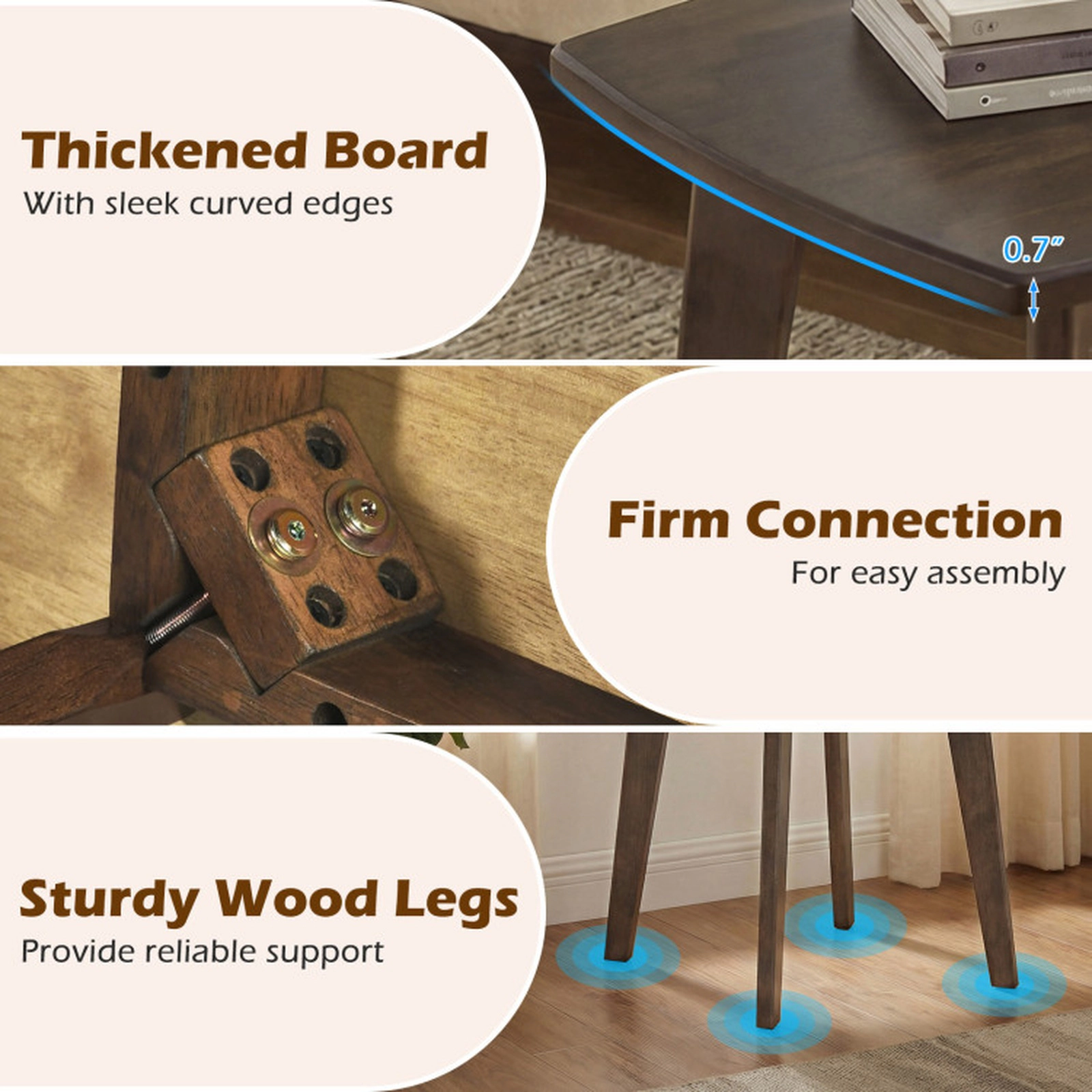 SUGIFT Thickened Top and Curved Edge Walnut Solid Rubber Wood Square End Table