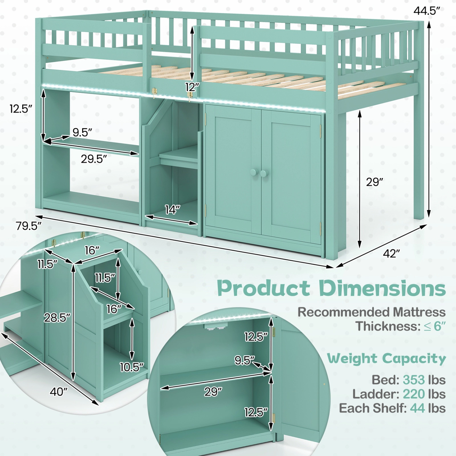 SUGIFT Green LED Lights Stairs Bookshelf and Cabinet Twin Size Kids Loft Bed