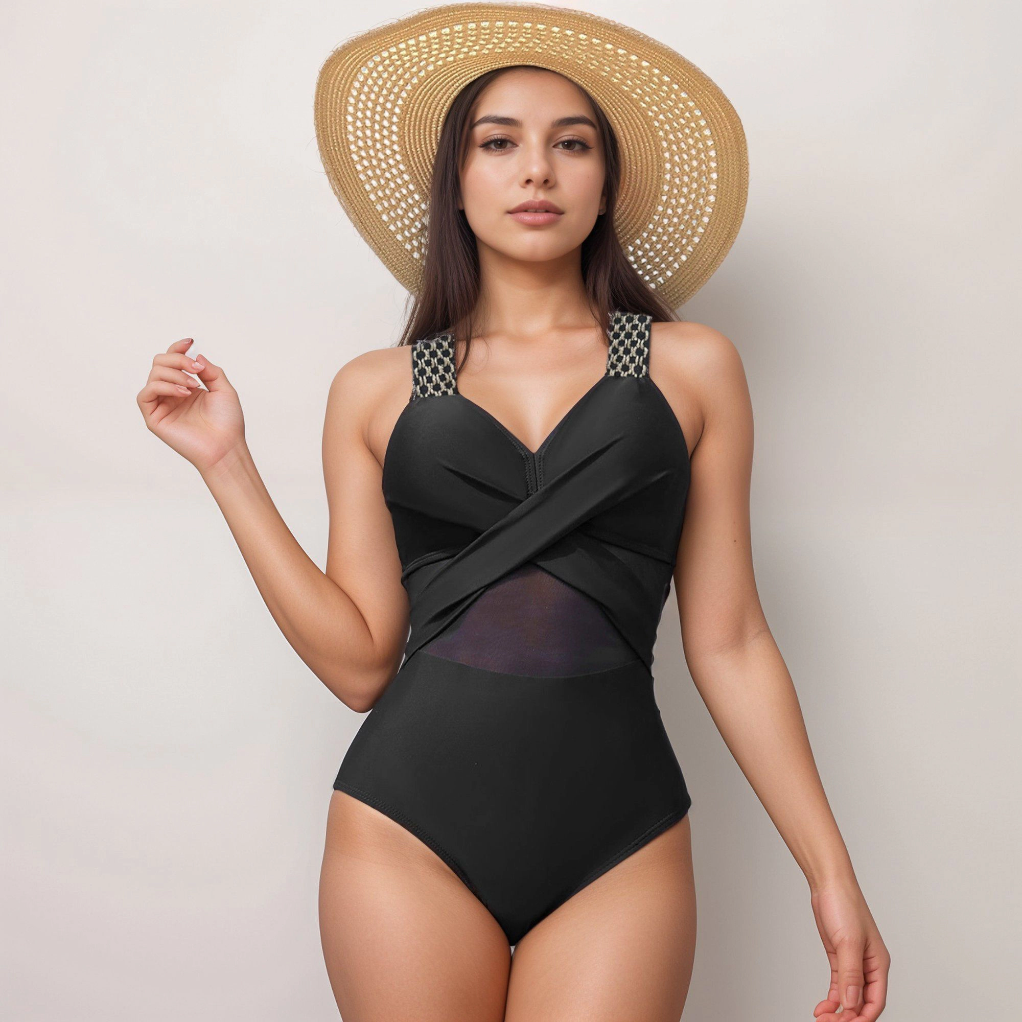 Anna-Kaci Women Colorblock One-Piece Swimsuit Front Detail Mesh Straps