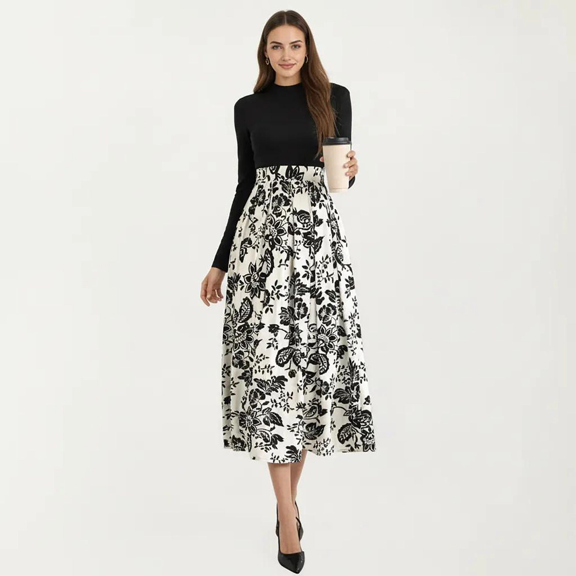 Anna-Kaci Women's Long Sleeve Mixed Media Fitted Bodice Floral Print Midi Dress