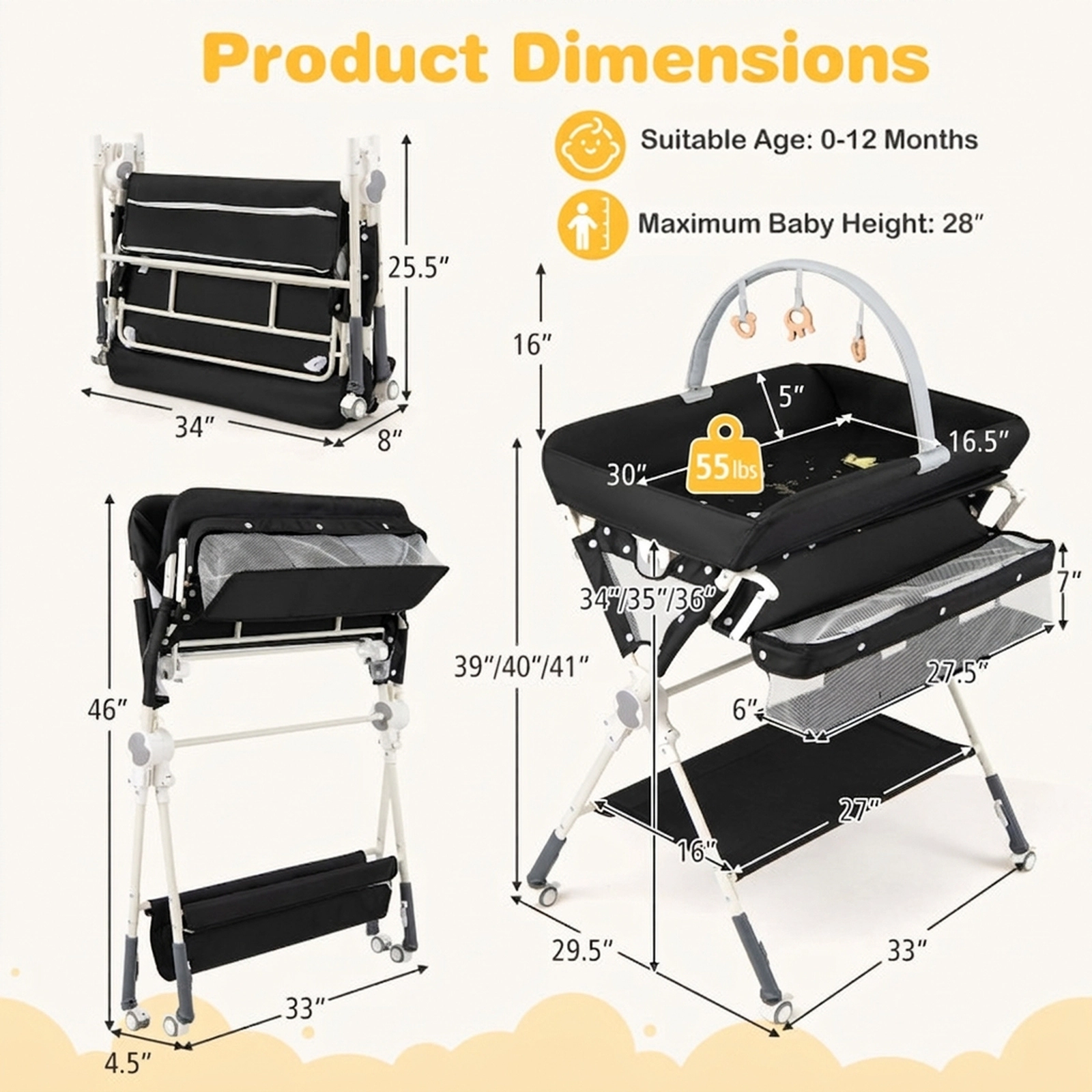 SUGIFT Foldable Baby Changing Table Black with Drying Rack Storage Bag and Shelf