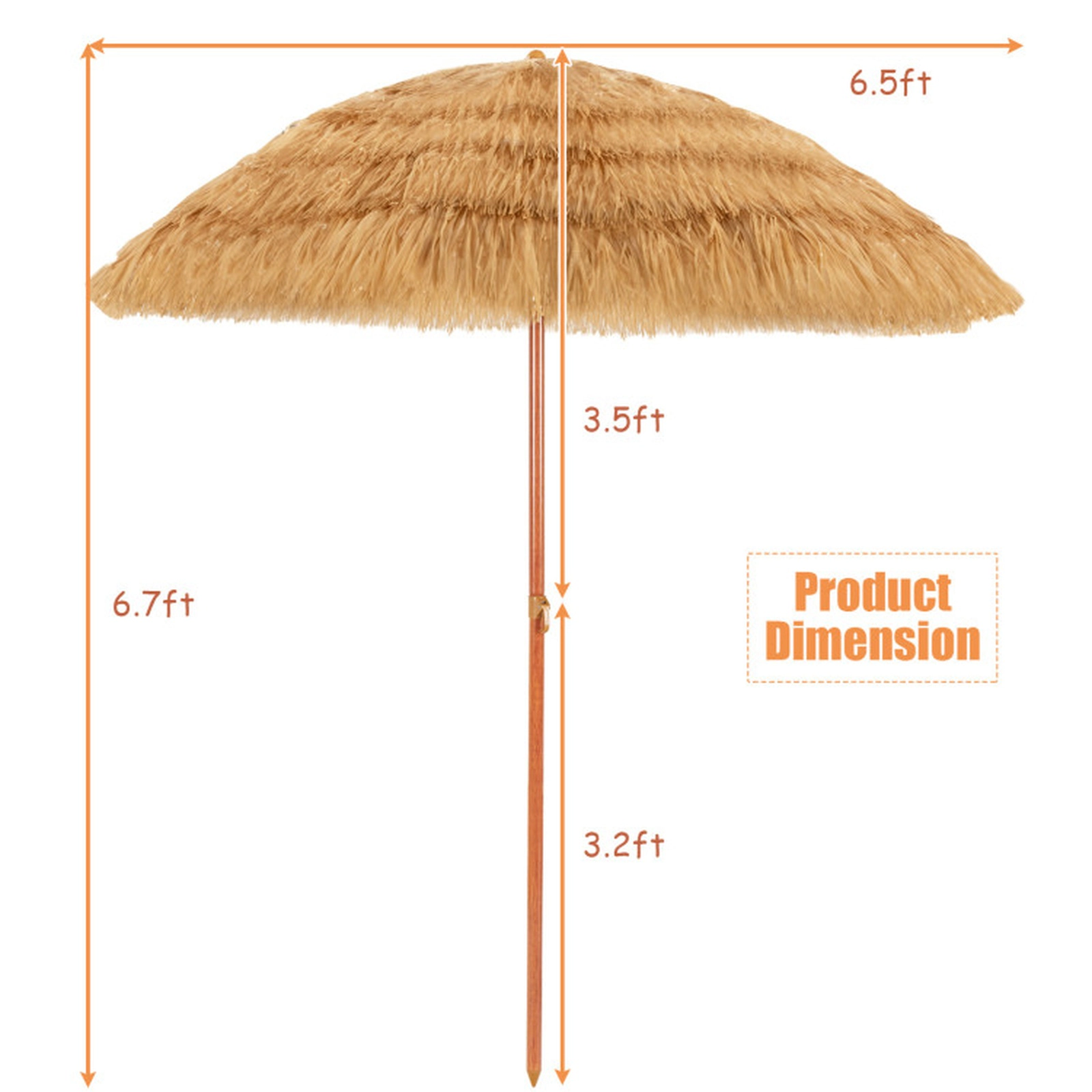 SUGIFT 6.5-ft Khaki Thatched Tiki Beach Umbrella with PP Canopy 8 Ribs Adjustable Tilt and Sand Pole