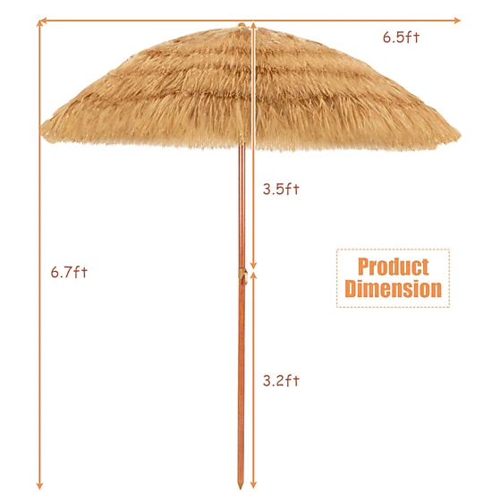 SUGIFT 6.5-ft Khaki Thatched Tiki Beach Umbrella with PP Canopy 8 Ribs Adjustable Tilt and Sand Pole