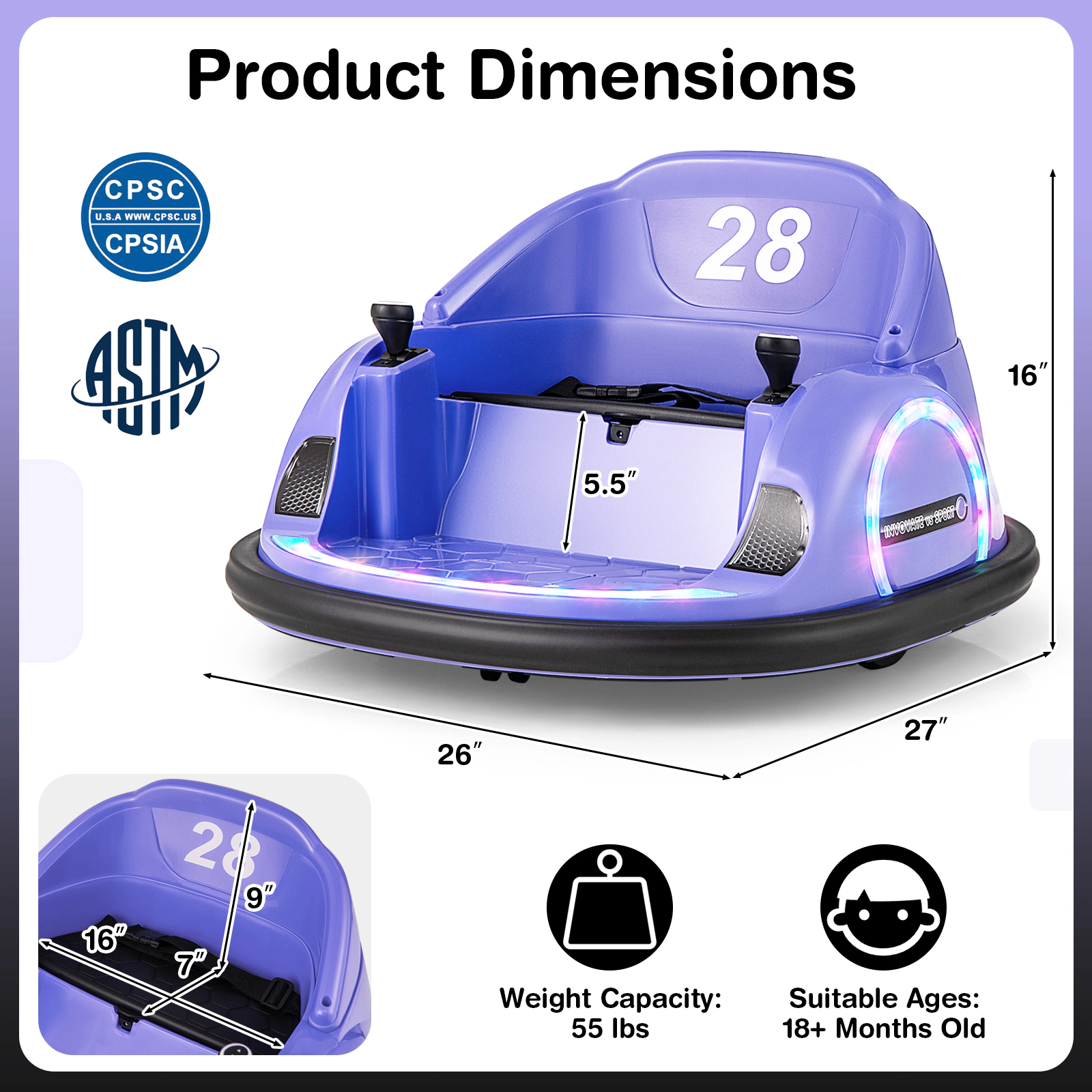 SUGIFT Kids 12V Battery Ride-On Bumper Car with 360-Degree Spin and Parent Remote Purple