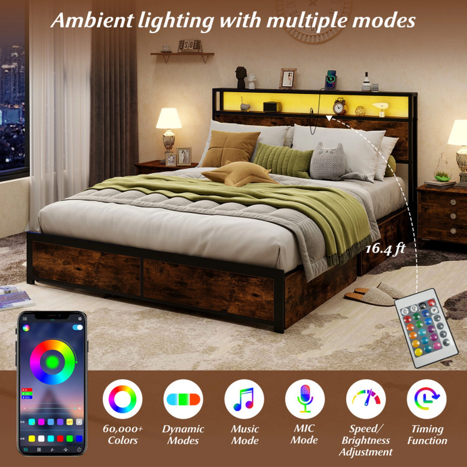 SUGIFT Full/Queen Size LED Bed Frame with Charging Station and 4 Storage Drawers 1100-lb Capacity Rustic Brown + Black