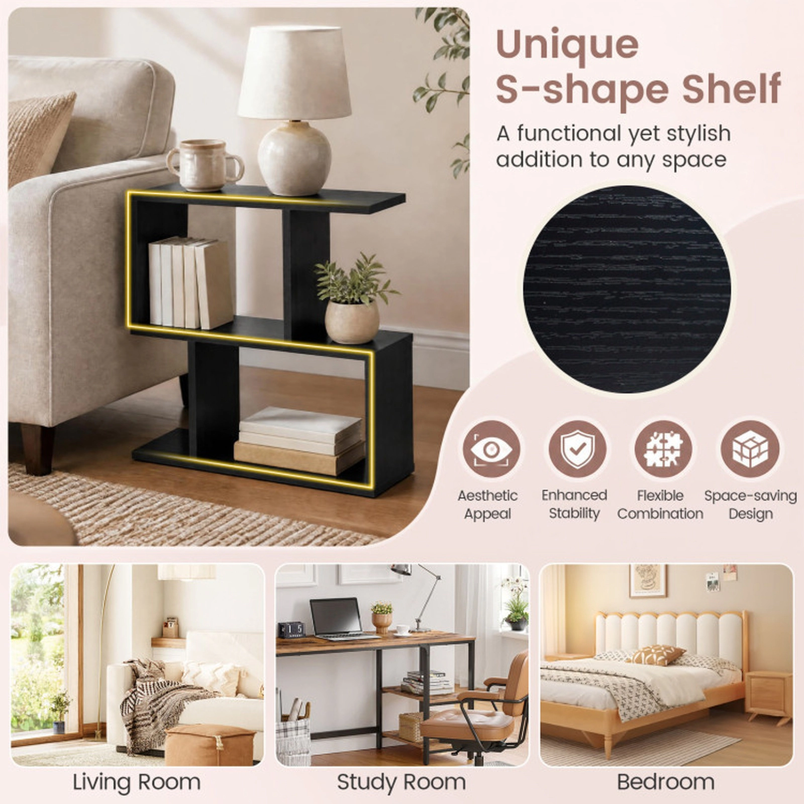 SUGIFT 3-Tier Geometric Engineered Wood Bookshelf with Open Shelves 44-lb Top Board Capacity 24-in Wide Black