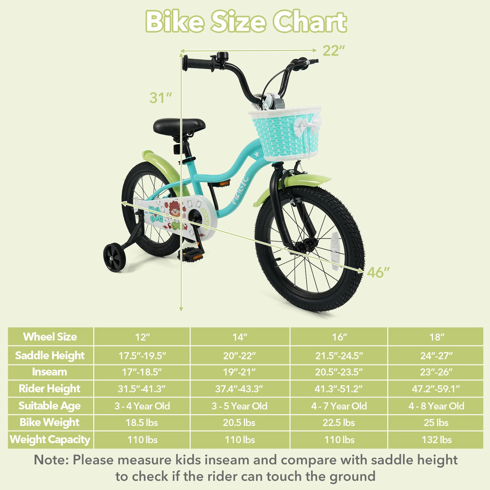 SUGIFT Adjustable 16-In Kids Bicycle with Training Wheels, Hand and Coaster Brakes 110-lb Capacity Ages 4-7 Years Green