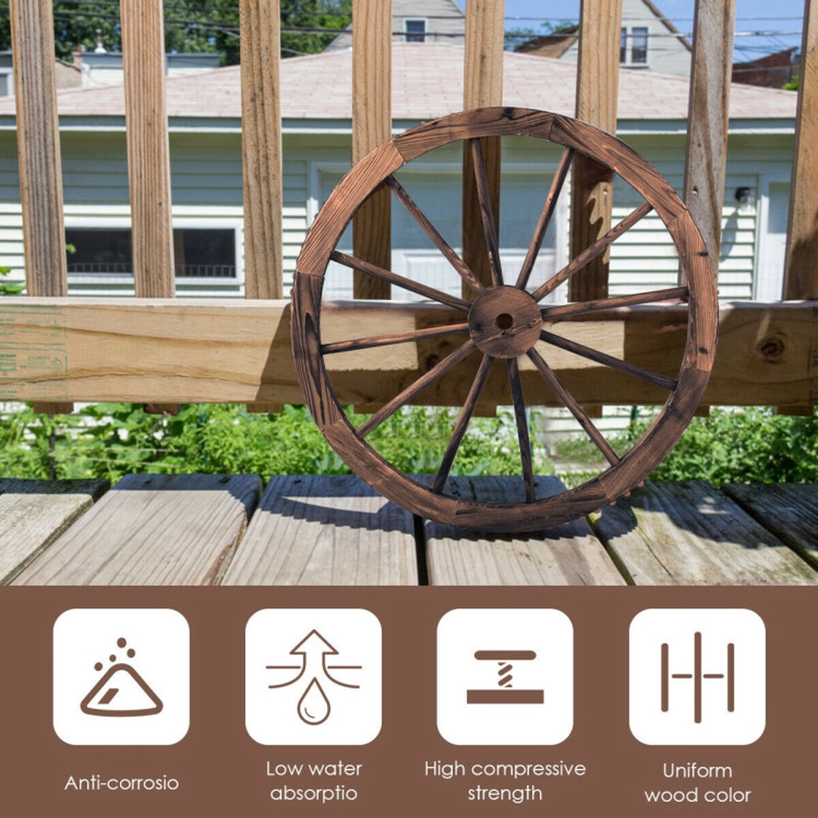 SUGIFT Set of 2 Brown Carbonized Fir Wood Decorative Wagon Wheels with Steel Rims 30-in Dia 1.5-in D