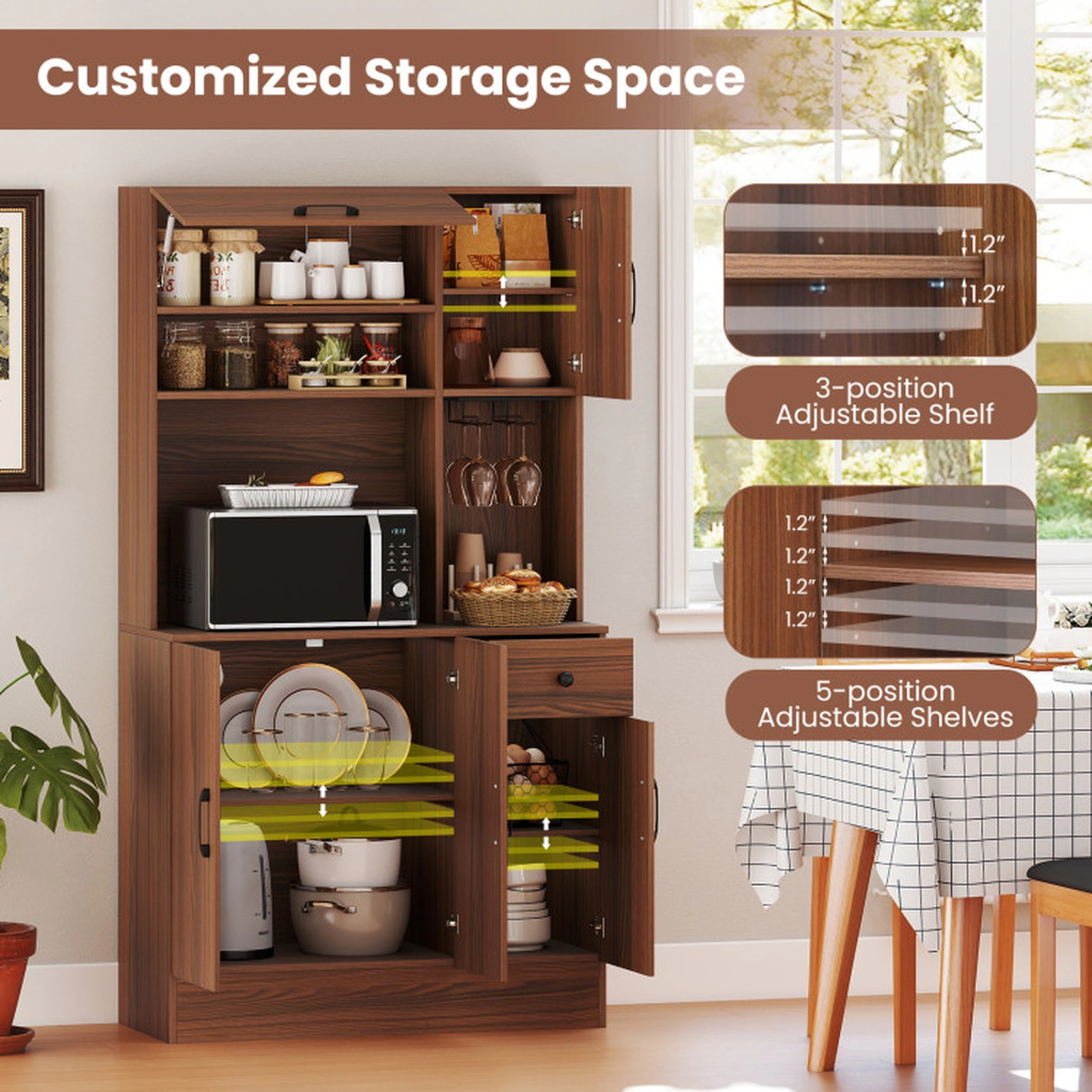 SUGIFT 66-in Pantry Cabinet with Charging Station and Microwave Stand 100-lb Tabletop Capacity Brown