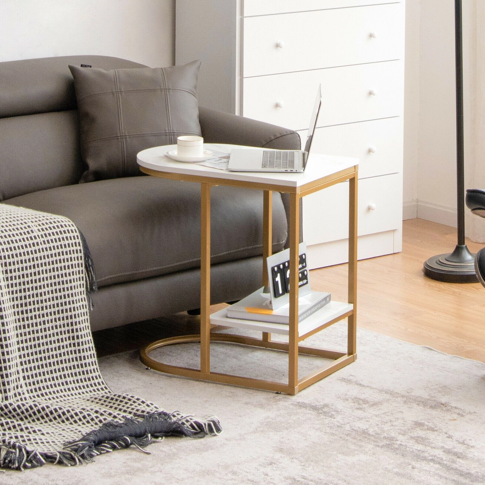 SlickBlue C Shape Side Table with Marble Top and Storage Shelf