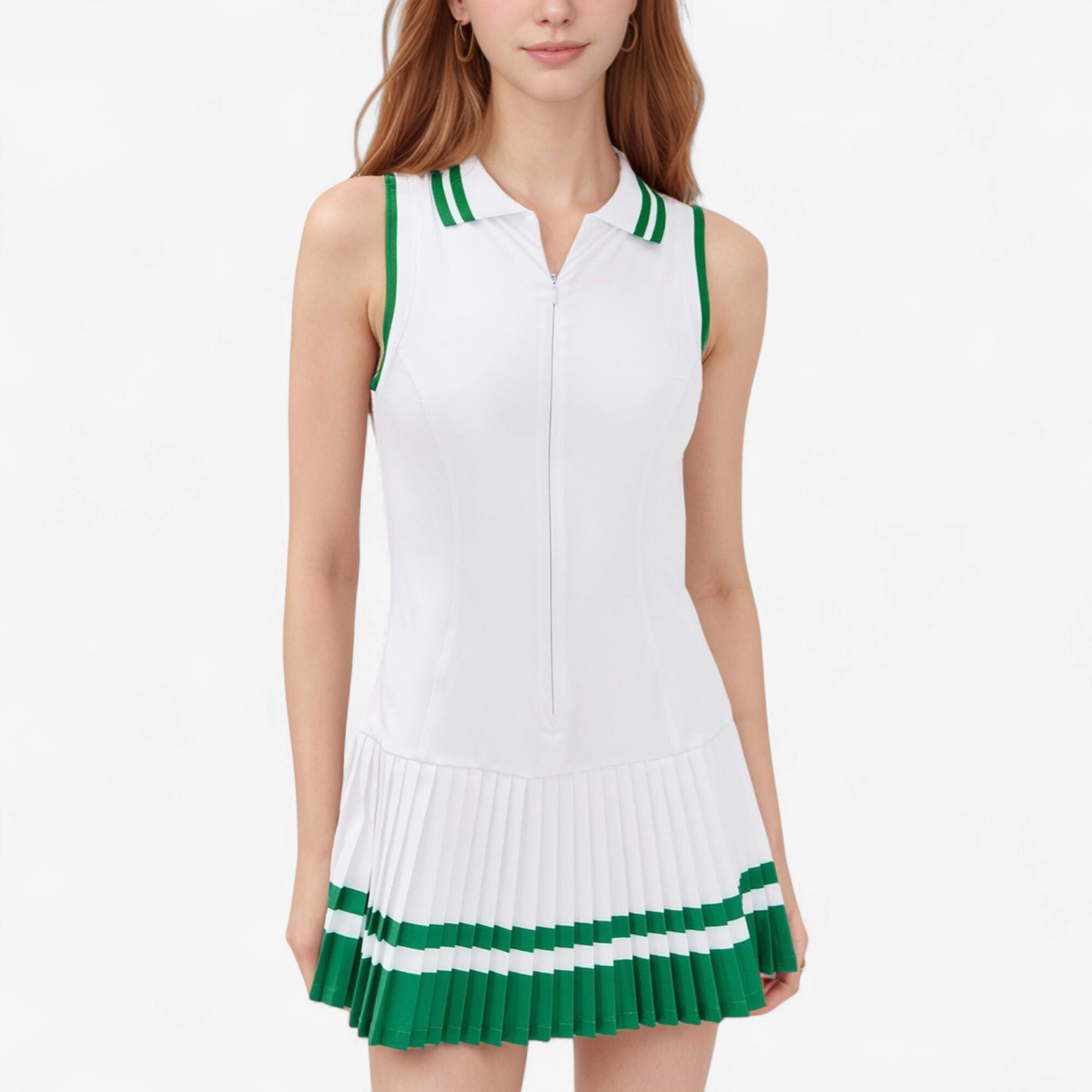 Anna-Kaci Women’s Sleeveless Tennis Dress - Zip Front, Striped Contrast Collar, Colorblock Pleated Skirt