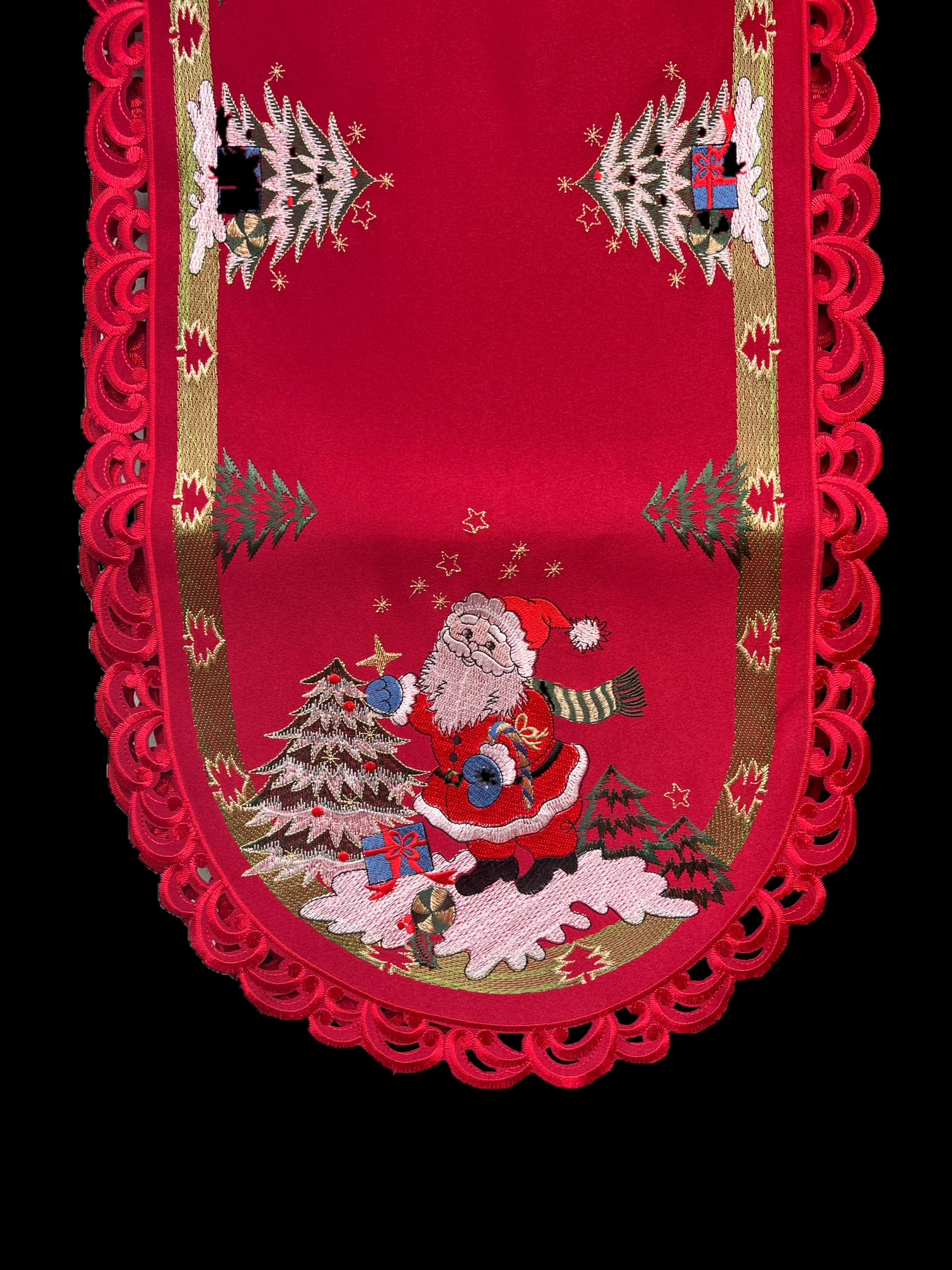 Jiallo Santa Red Embroidered Cutwork Rectangular Table Runner, 15 by 34 inch