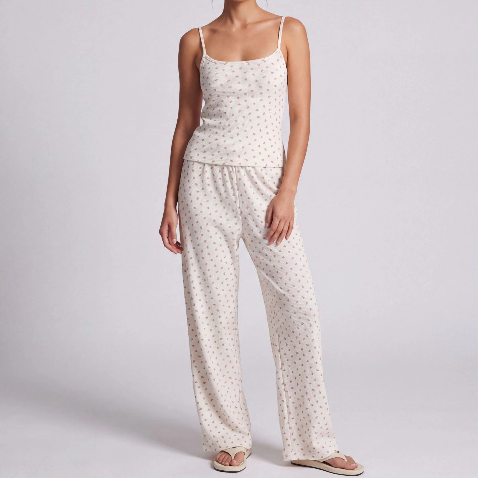 Anna-Kaci Women's 2-Piece Waffle Knit Ditsy Floral Camisole with Adjustable Straps and Relaxed Wide Leg Lounge Pants