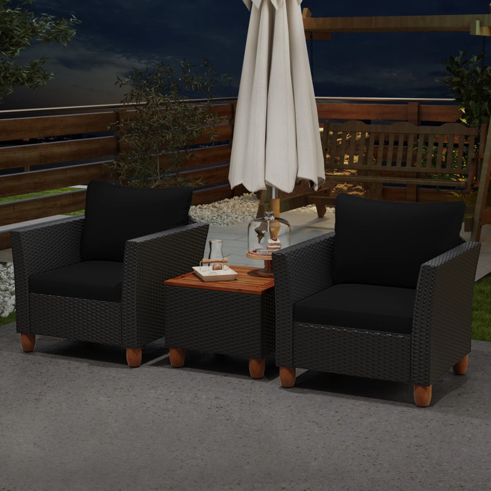 SUGIFT Black Acacia Wood Table and Hidden Storage 3-Piece Outdoor Rattan Sofa Set