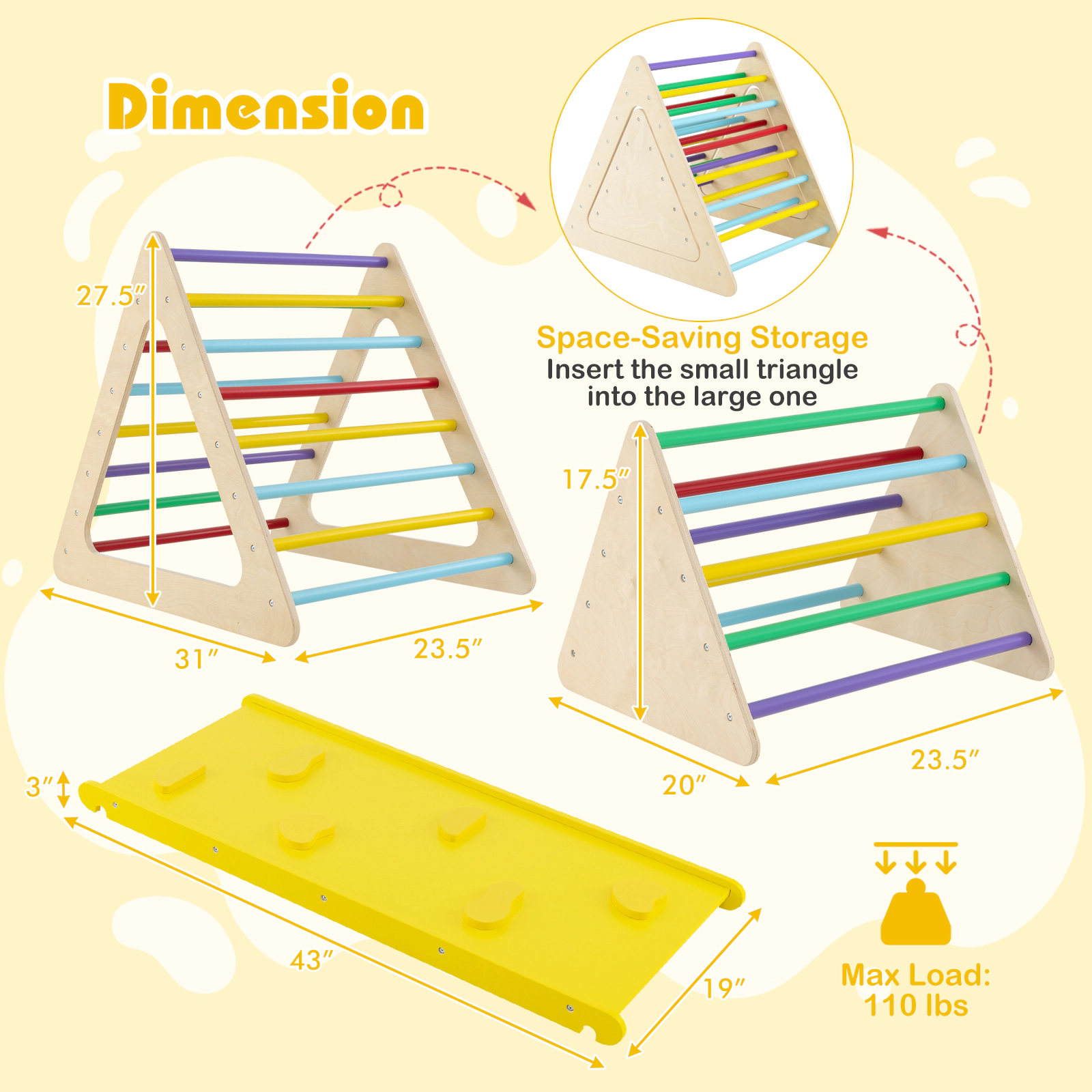 LJG 3 Piece Toddler Triangle Set Montessori with 2 Climbing Triangles and 1 Ramp