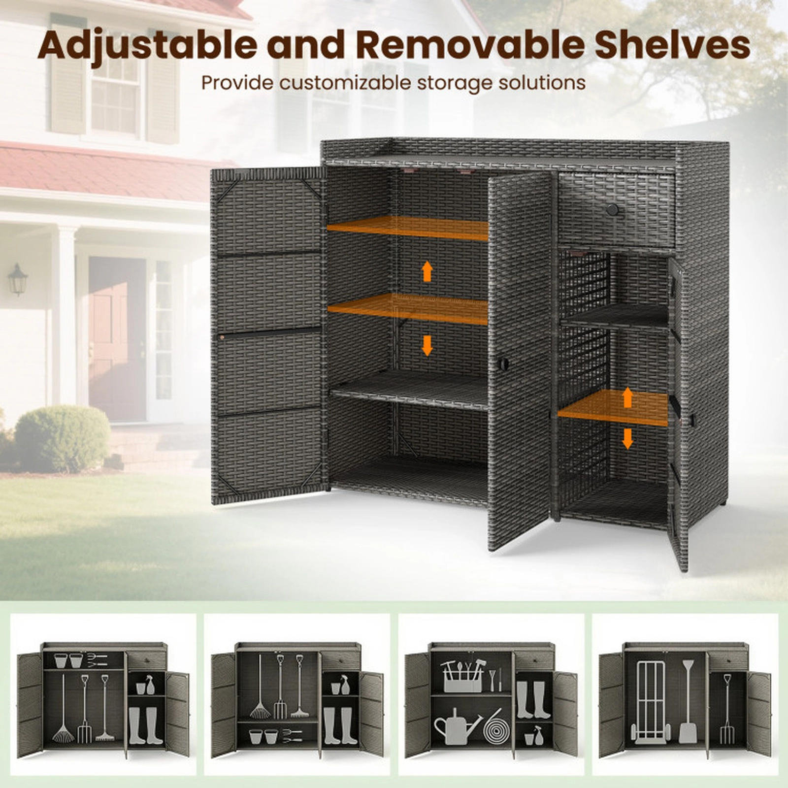 SUGIFT 3-Door PE Rattan Outdoor Storage Cabinet with 110-lb Baffled Countertop and Adjustable Shelves