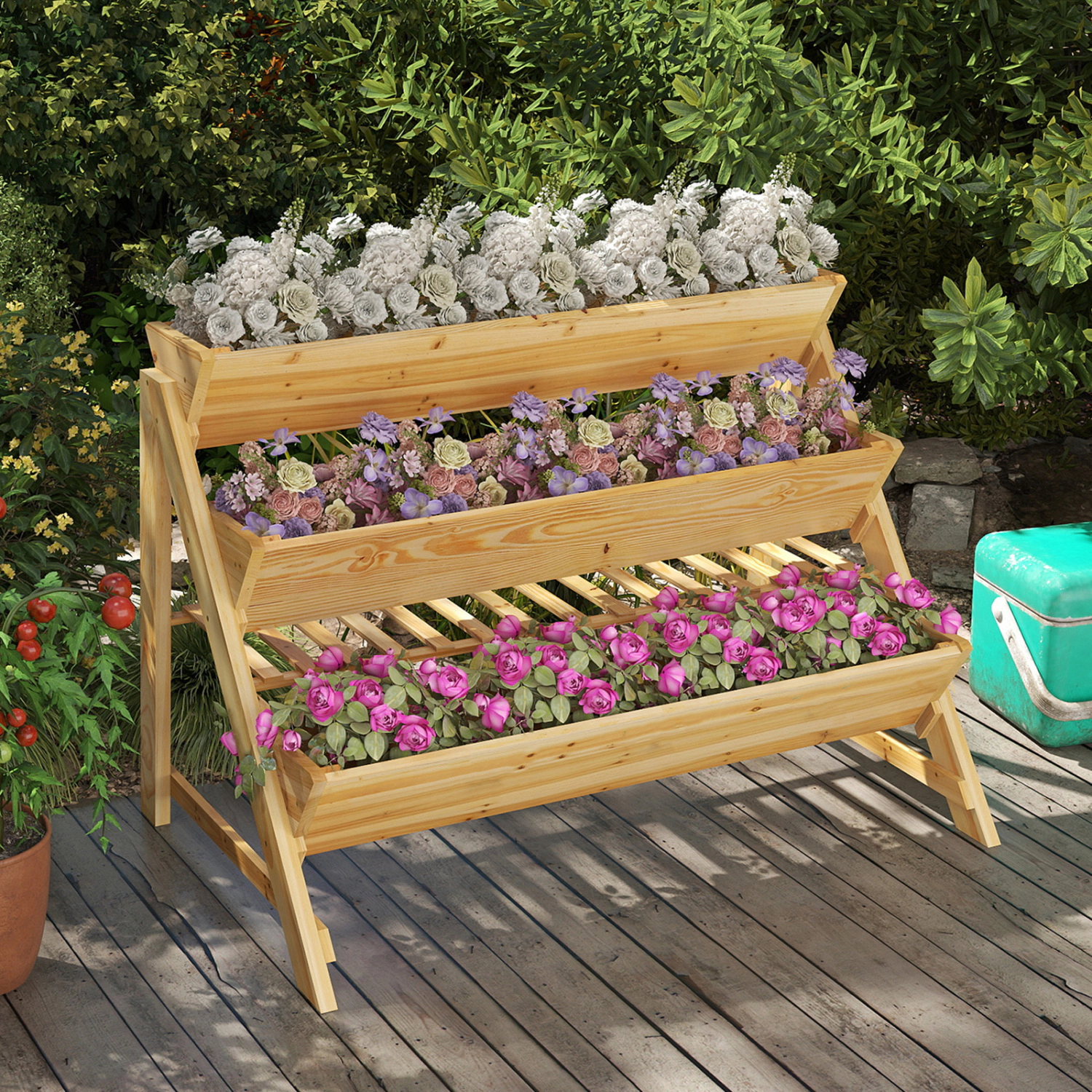 LJG 3 Tier Wooden Vertical Raised Garden Bed with Storage Shelf