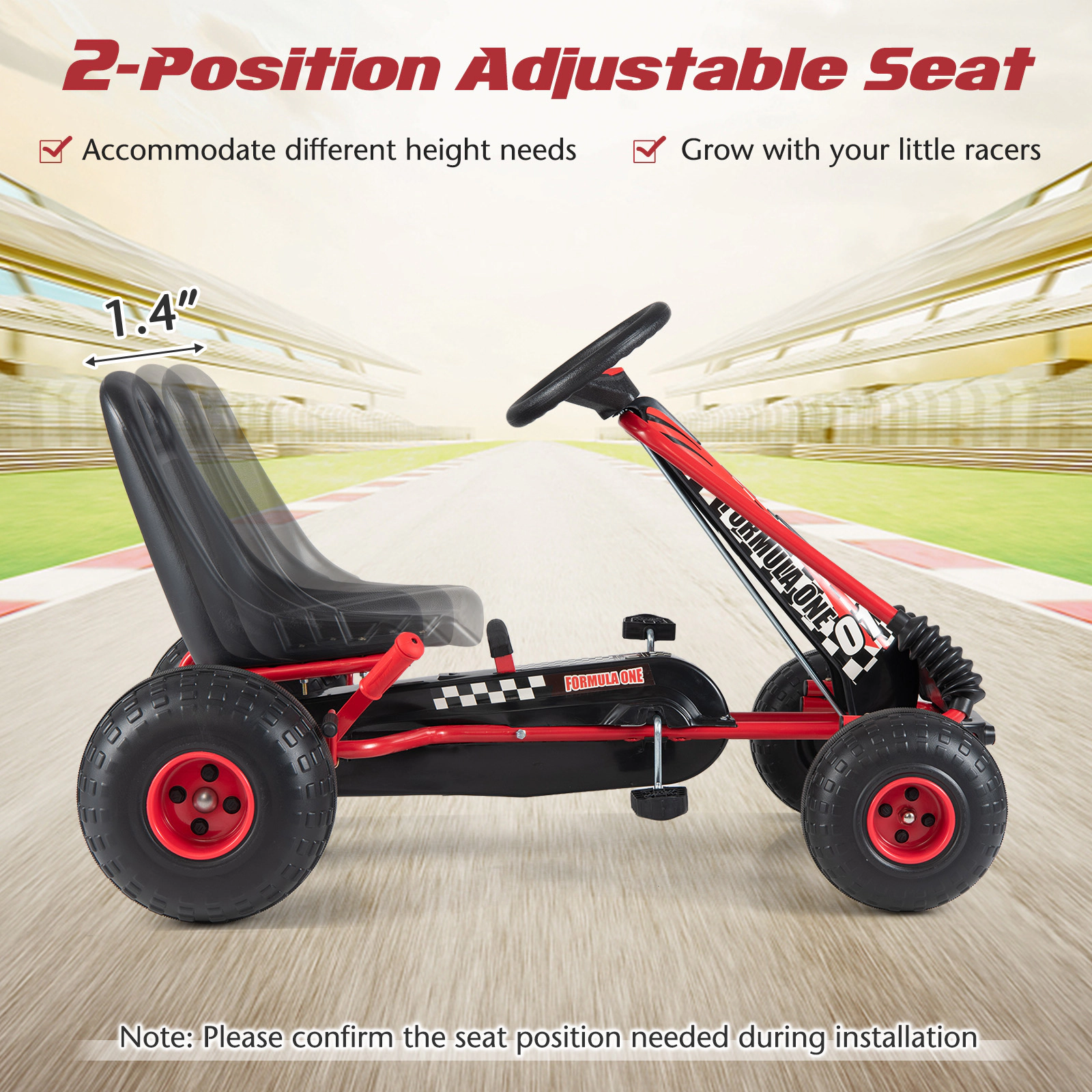 SUGIFT Kids Pedal Go Kart Red 4 Wheels with Adjustable Seat and Multi-Terrain Wheels